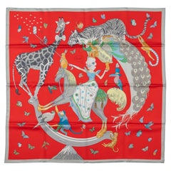 Hermès Story New Red Grey Silk Scarf