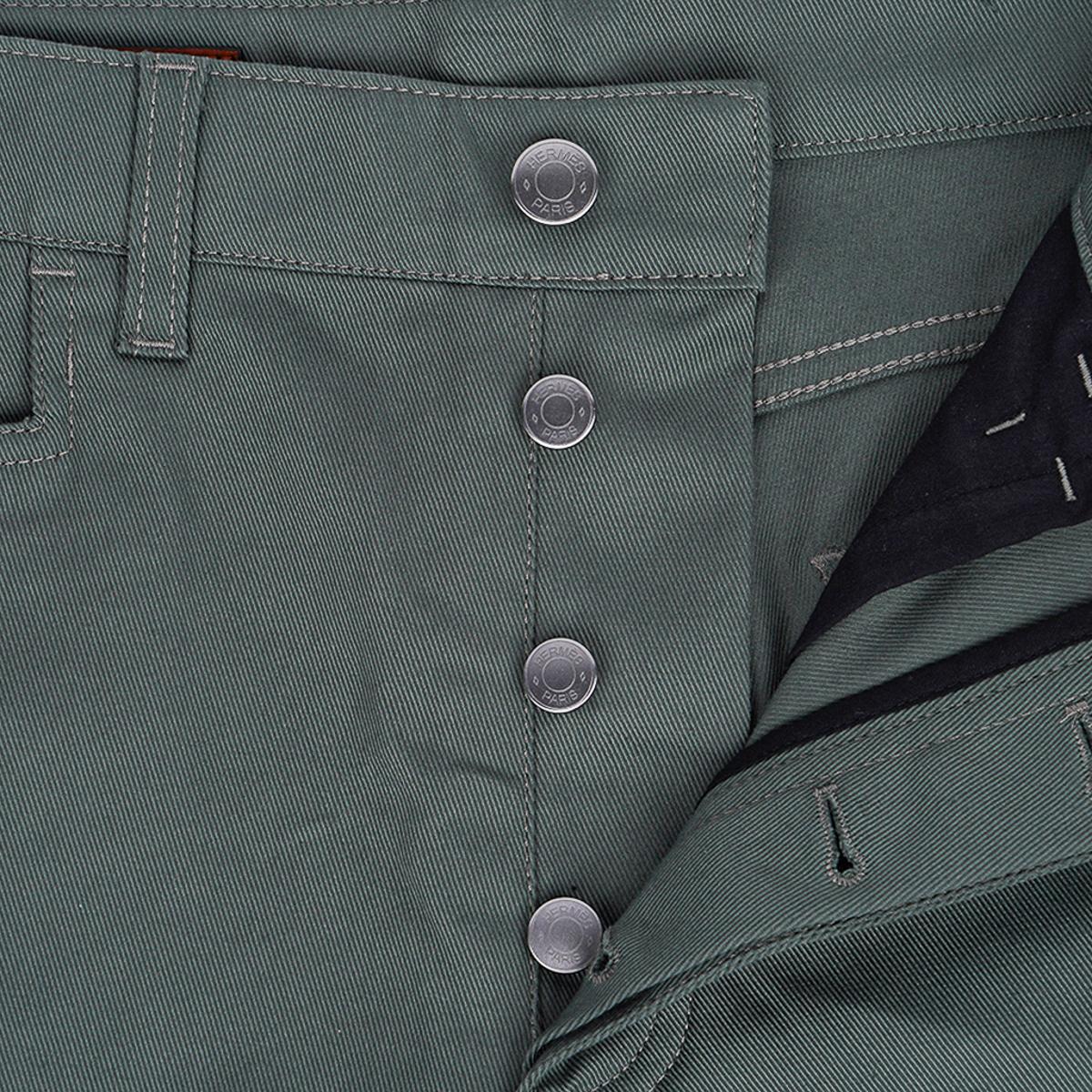 Black Hermes Straight Cut Jeans Vert de Gris Button Fly / Logo Buttons 40 For Sale