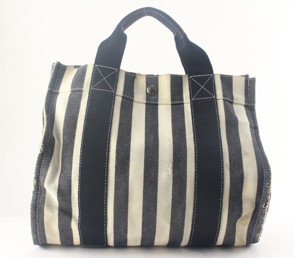 HERMES Striped Cannes Tote with Pouch Black x White 2HER822K For Sale 2
