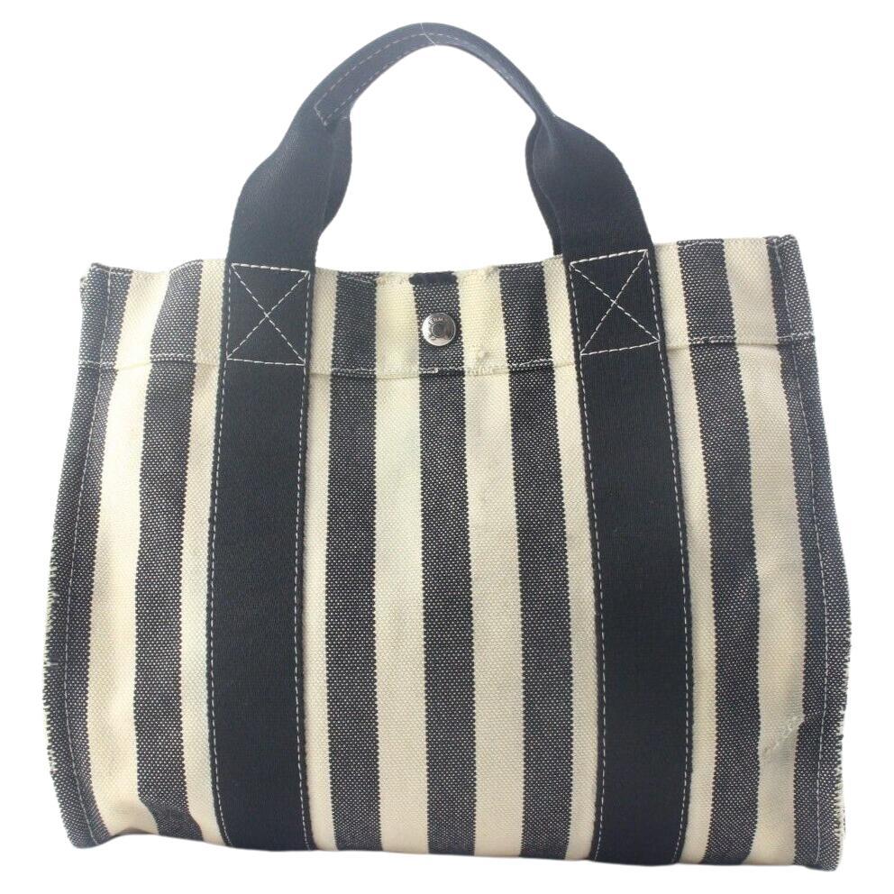 HERMES Striped Cannes Tote with Pouch Black x White 2HER822K For Sale