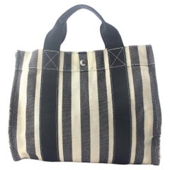 HERMES Striped Cannes Tote with Pouch Black x White 2HER822K