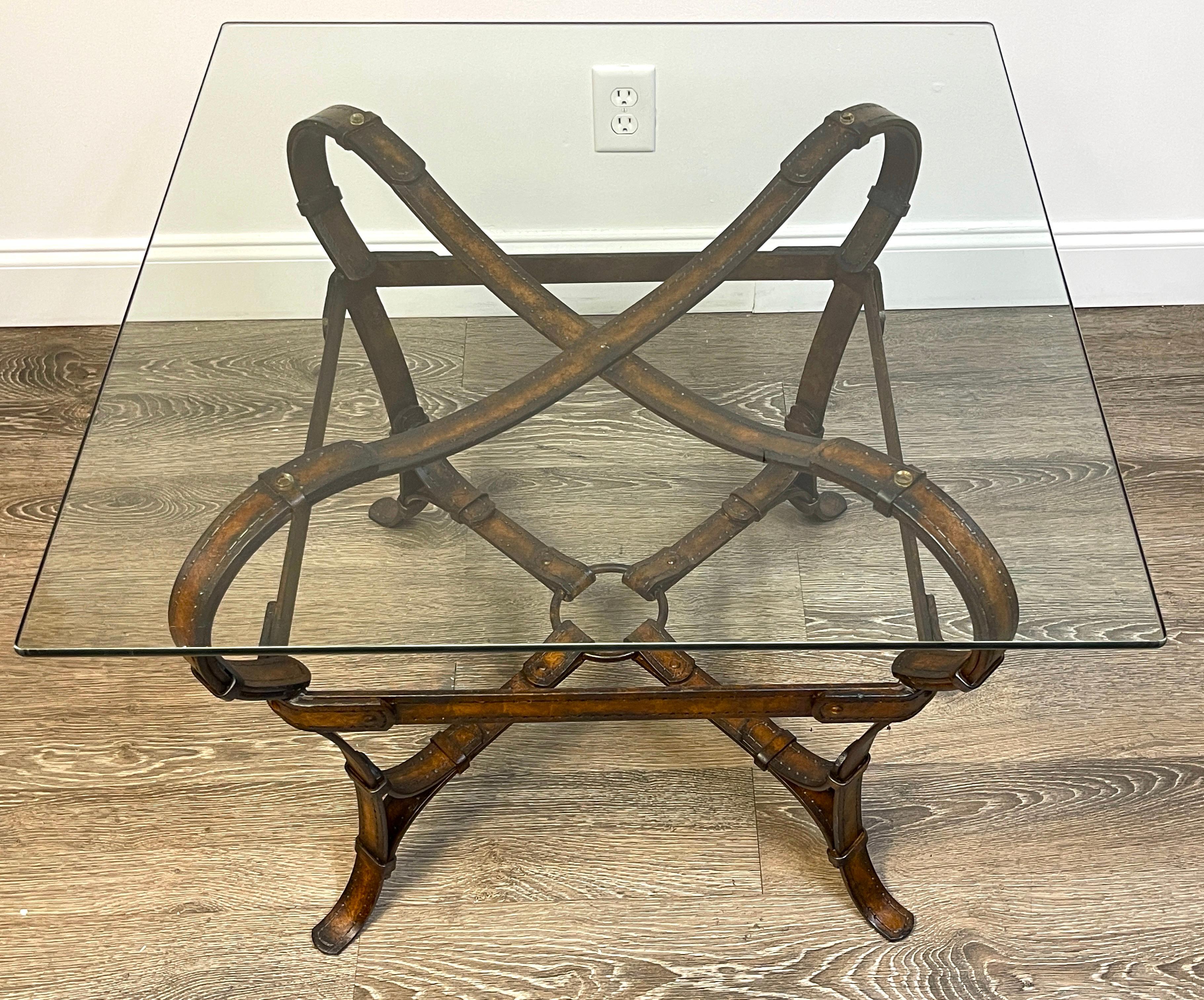 Glass Hermes Style Equestrian Sculptural Forged & Polychromed Iron Side Table 