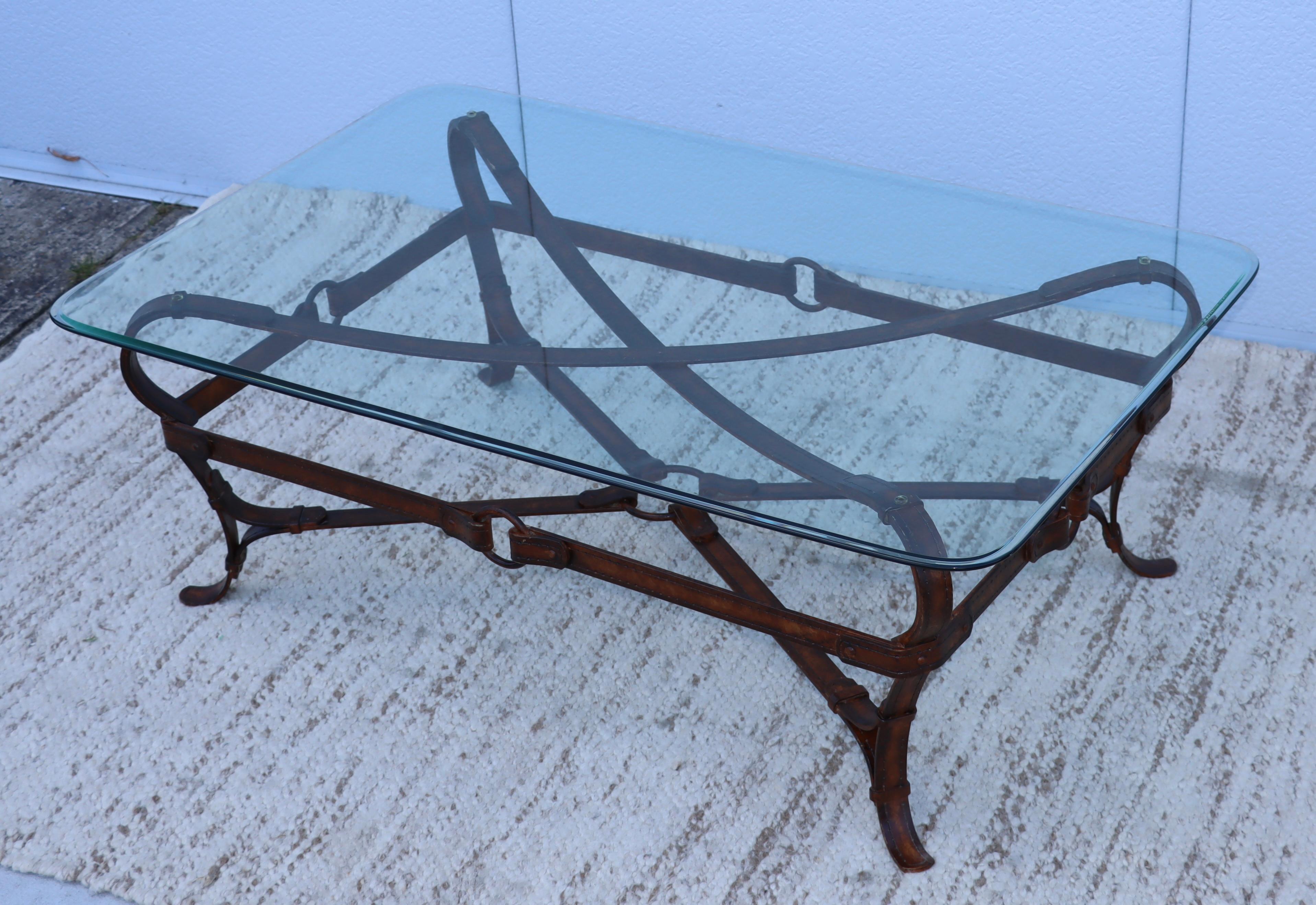 Hermes Style Faux Leather Iron and Glass Coffee Table For Sale 9