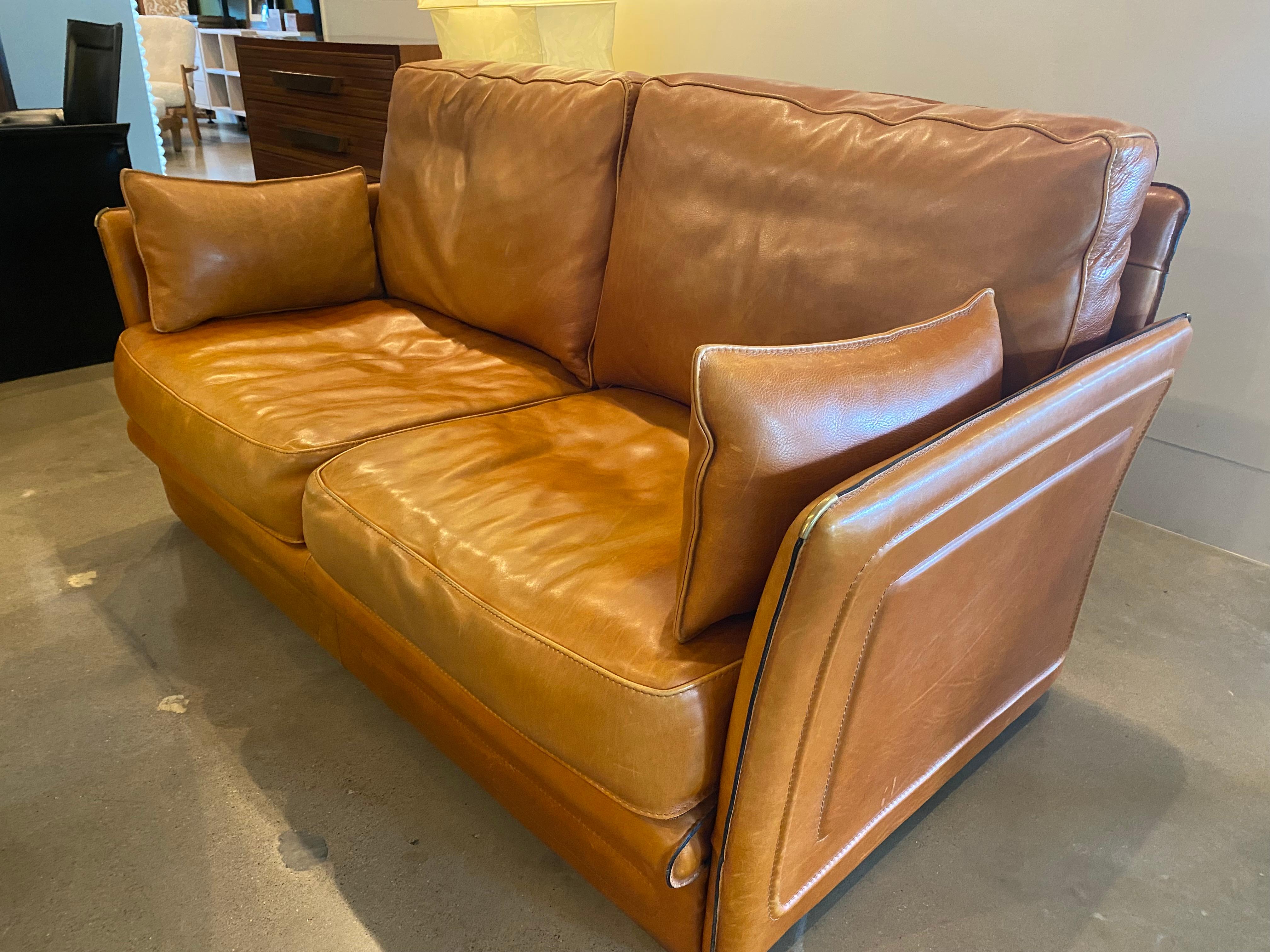 Mid-Century Modern Hermes Style Leather Loveseat, France, 1970-80