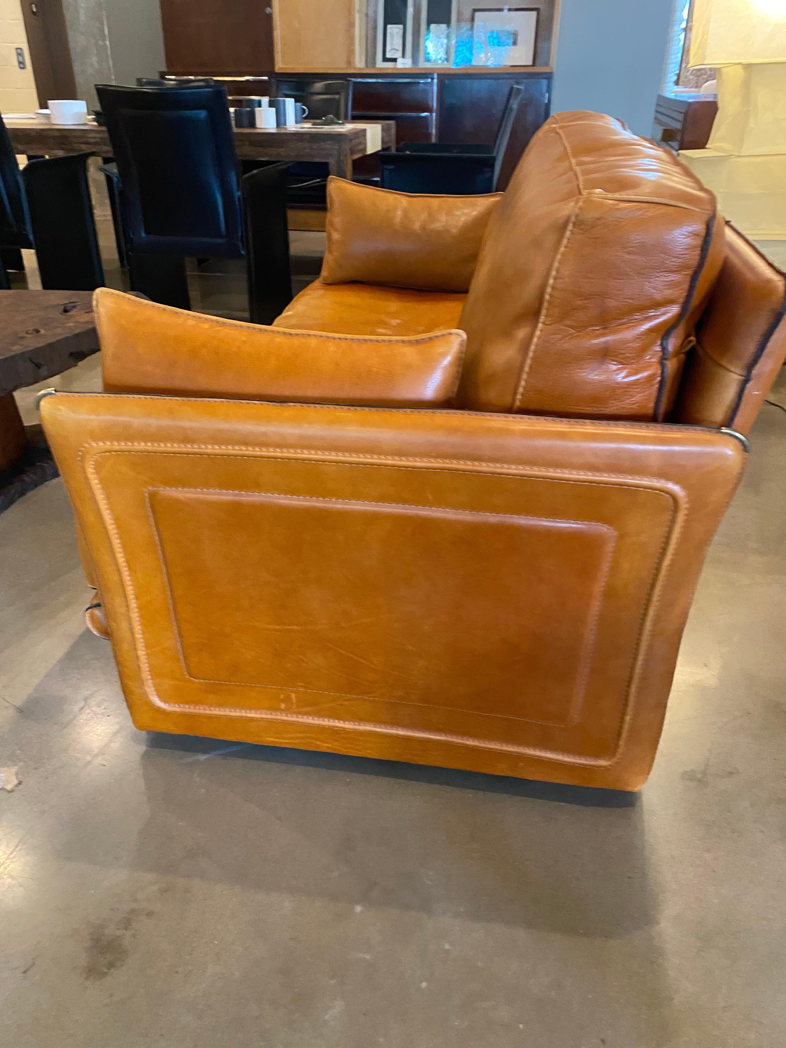 French Hermes Style Leather Loveseat, France, 1970-80