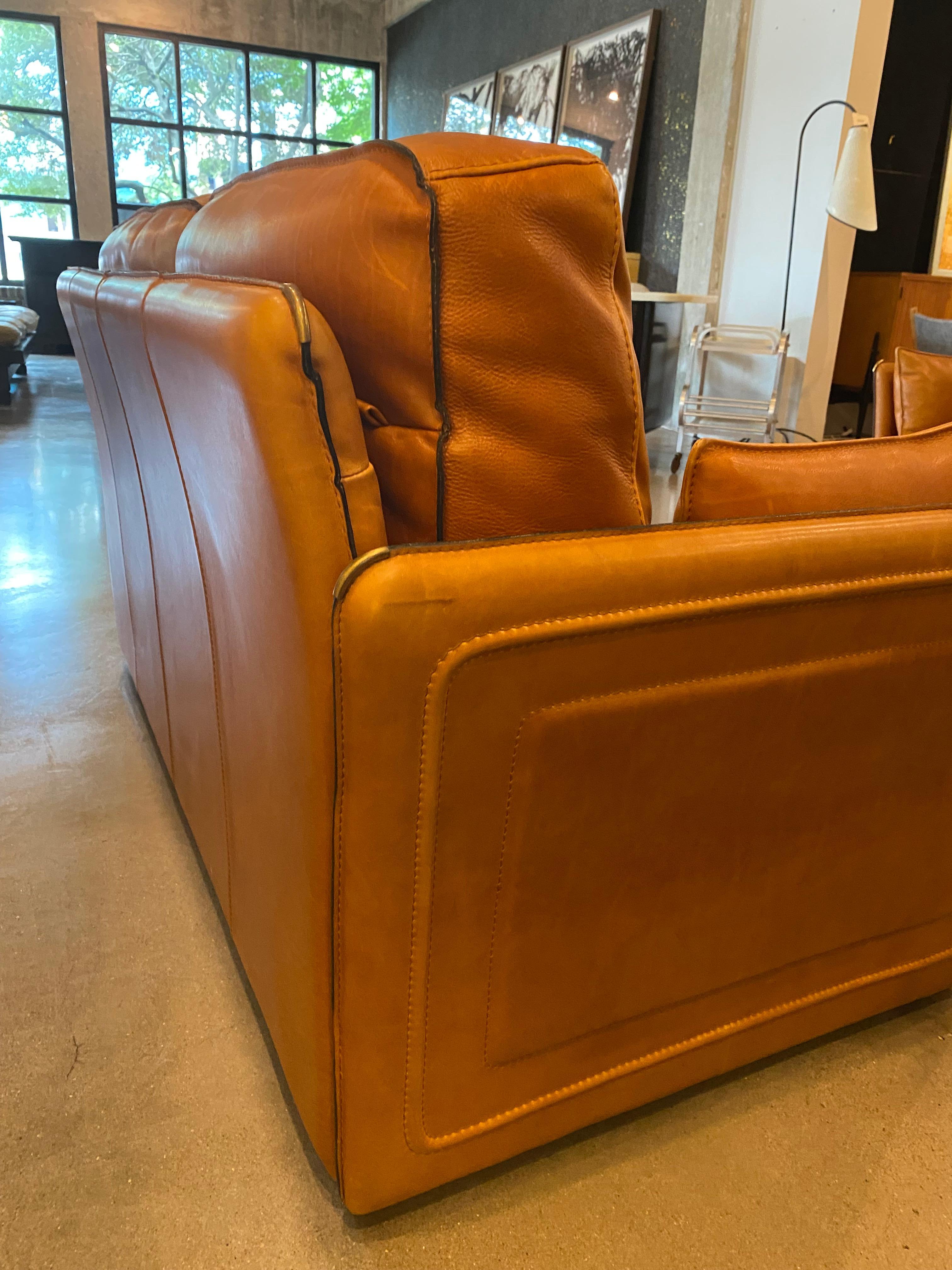 Brass Hermes Style Leather Loveseat, France, 1970-80