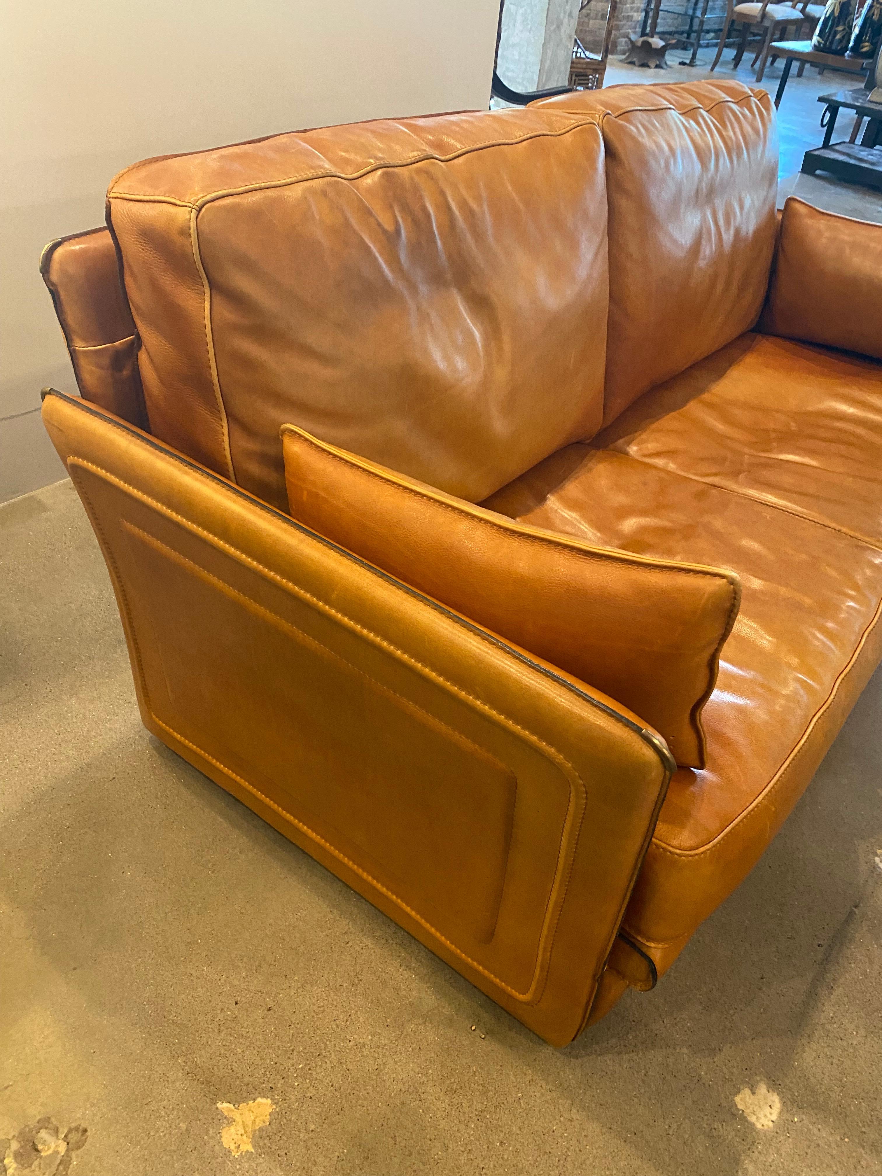 Hermes Style Leather Loveseat, France, 1970-80 1
