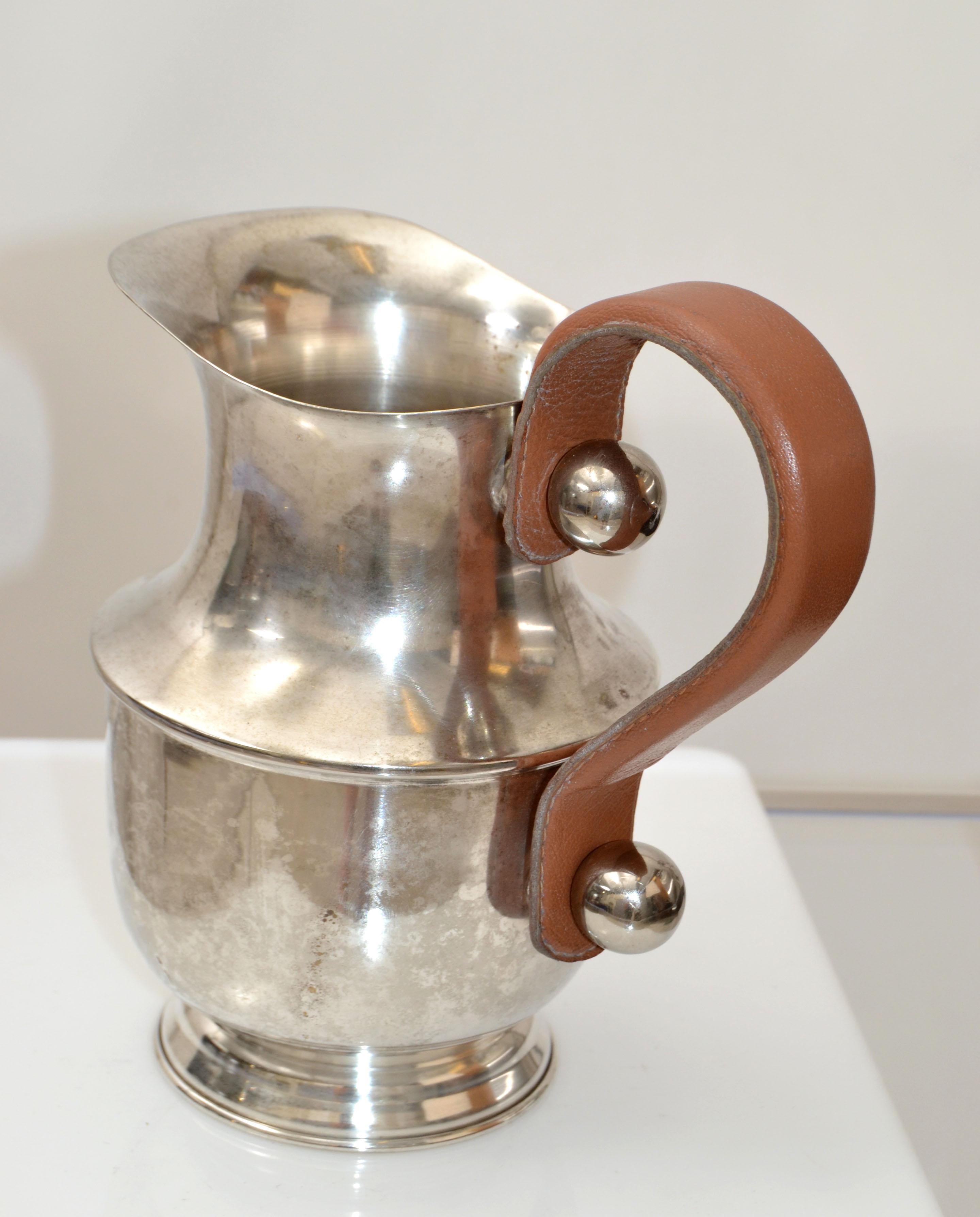 Leather Hermès Style Mid-Century Modern Silver Plate over Nickel Decanter, Vessel Carafe