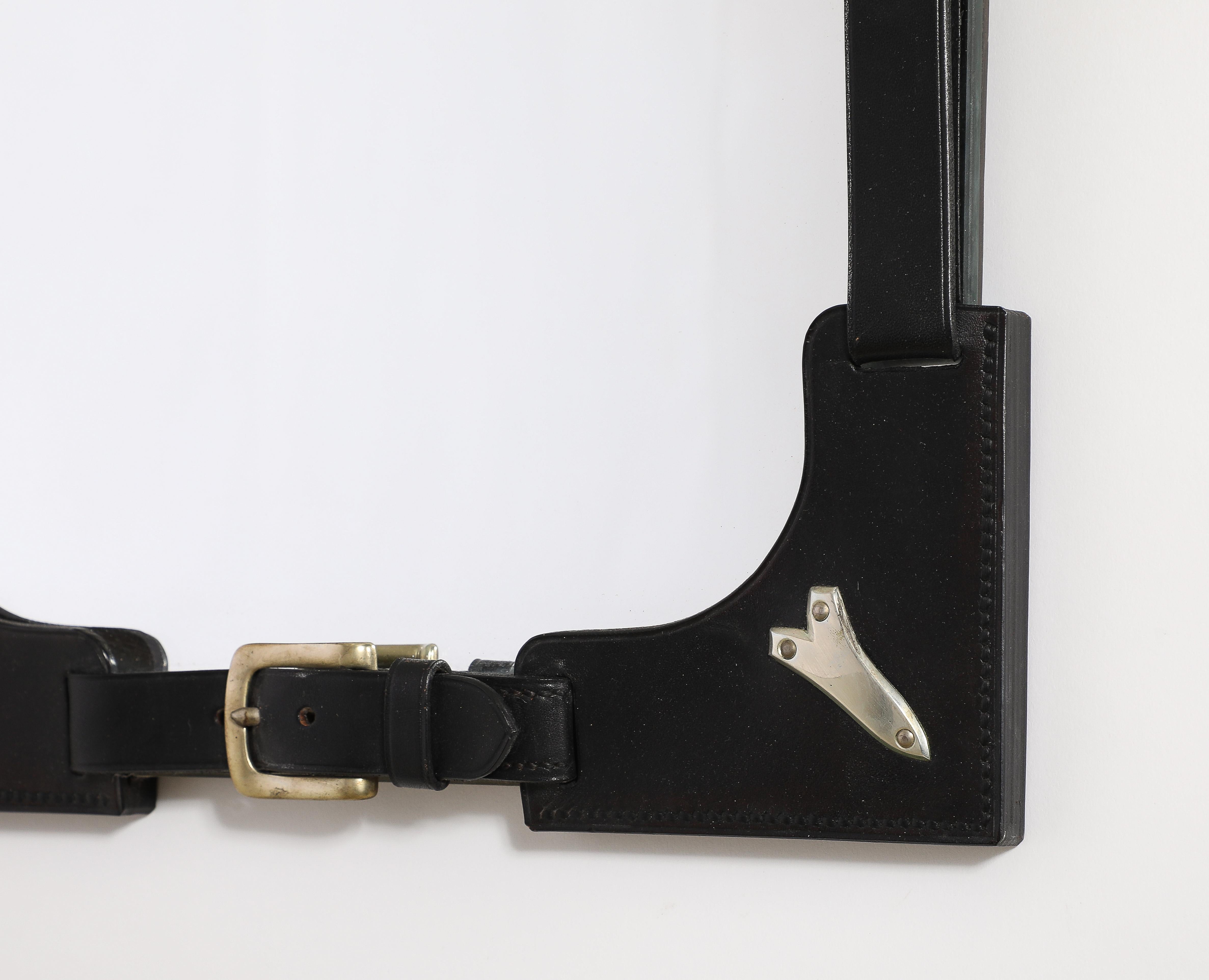 Hermes Style Saddle Theme Leather & Steel Accents Mirror - France 1970's For Sale 6