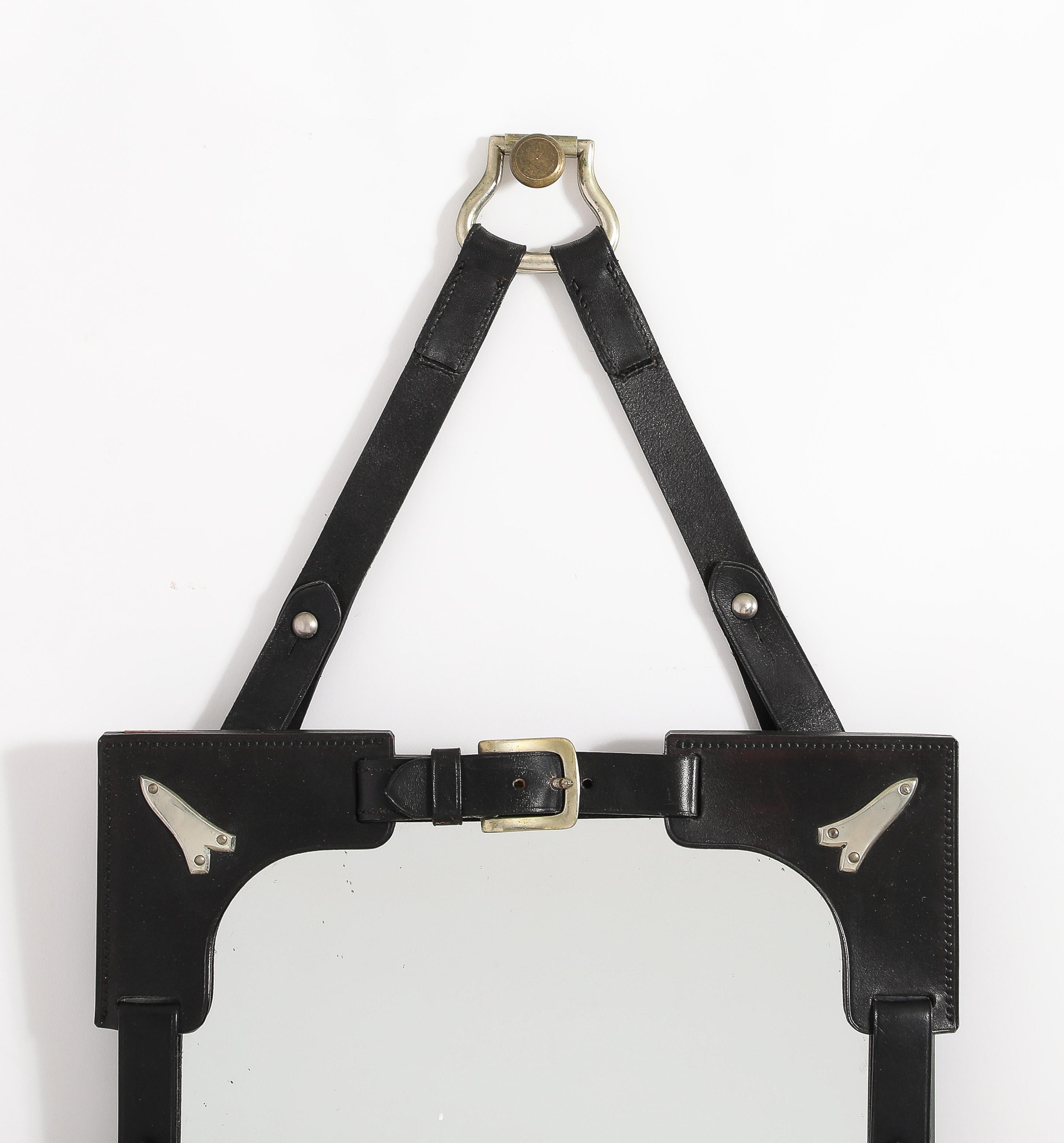 Hermes Style Saddle Theme Leather & Steel Accents Mirror - France 1970's For Sale 7