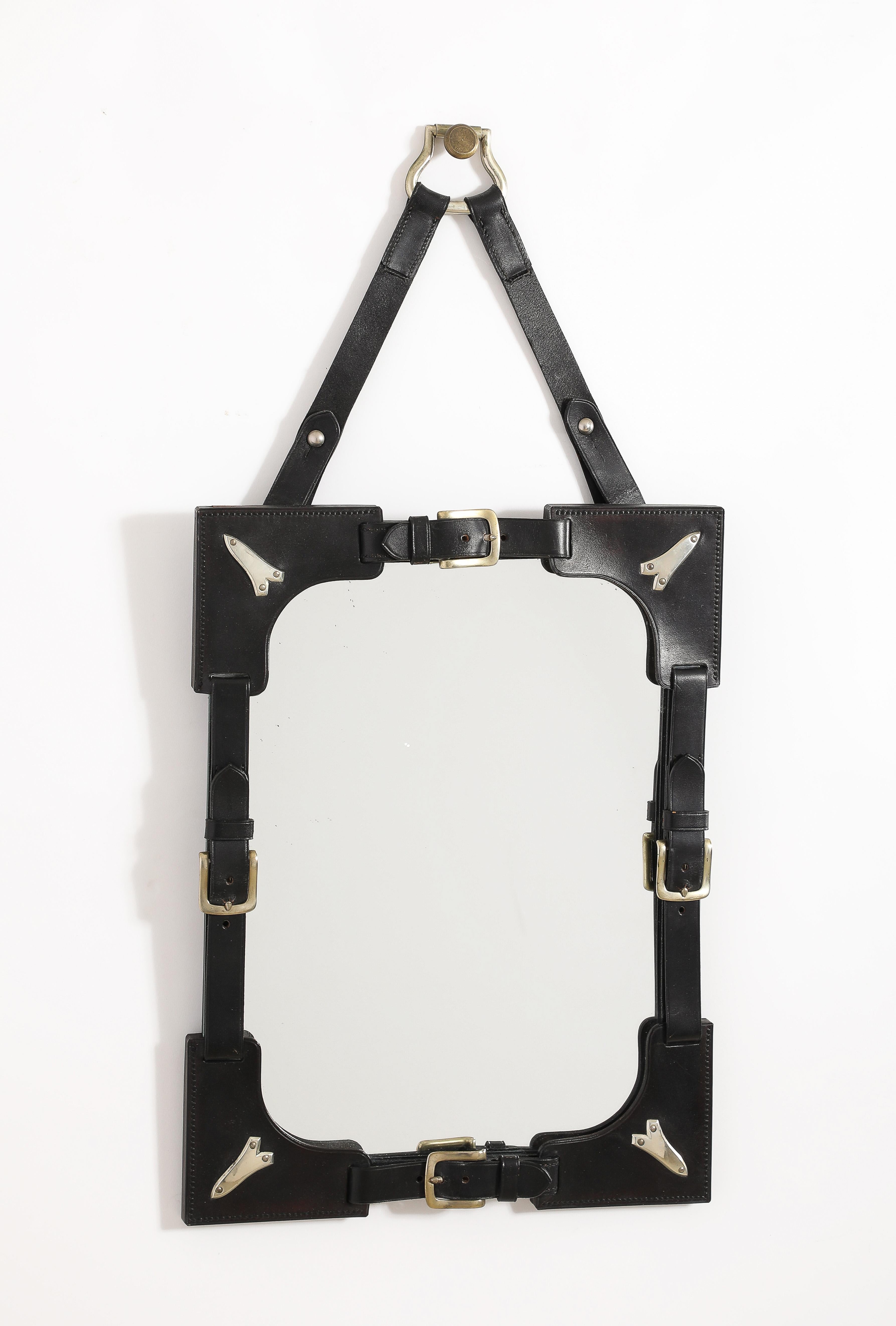 Late 20th Century Hermes Style Saddle Theme Leather & Steel Accents Mirror - France 1970's For Sale