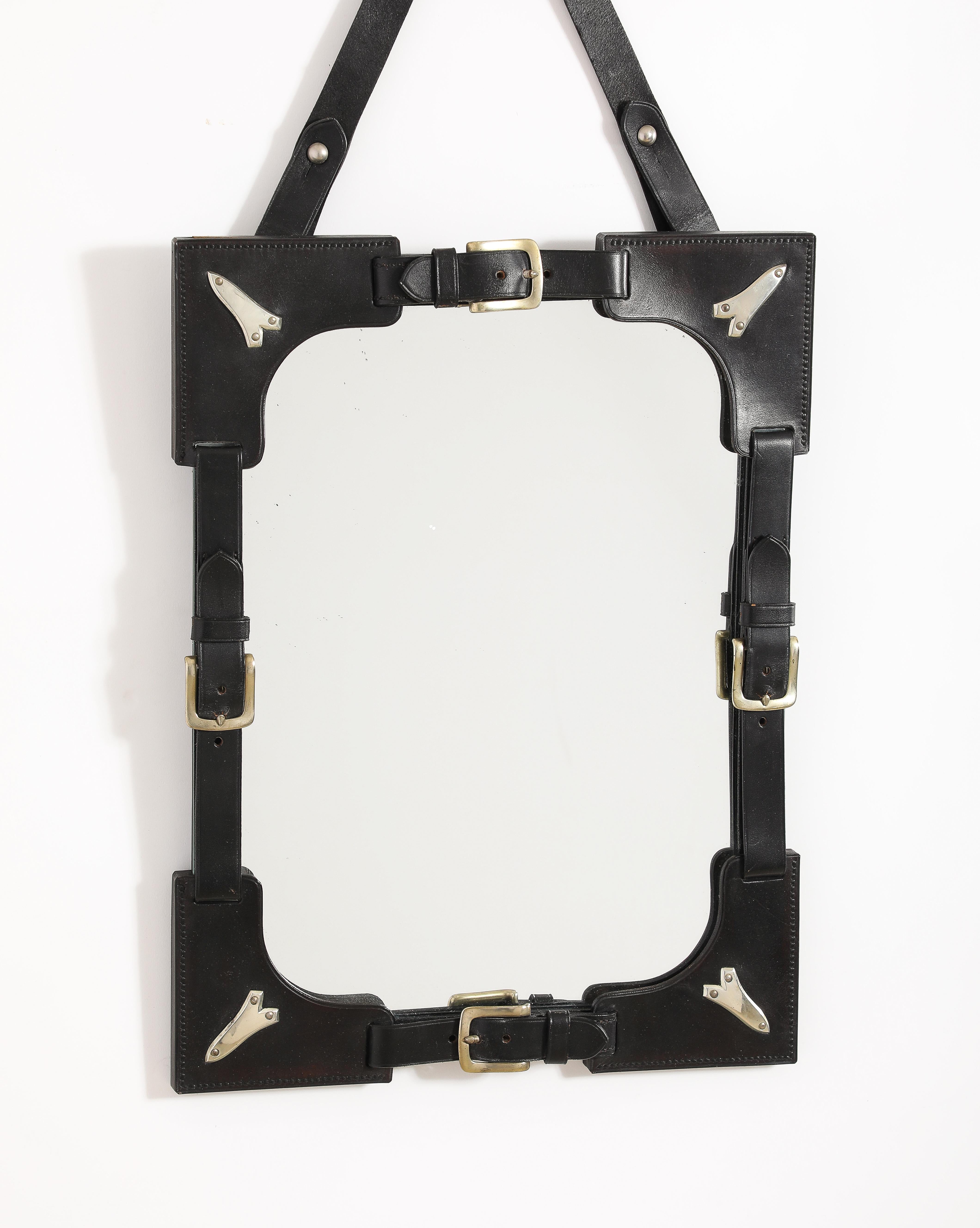 Hermes Style Saddle Theme Leather & Steel Accents Mirror - France 1970's For Sale 1