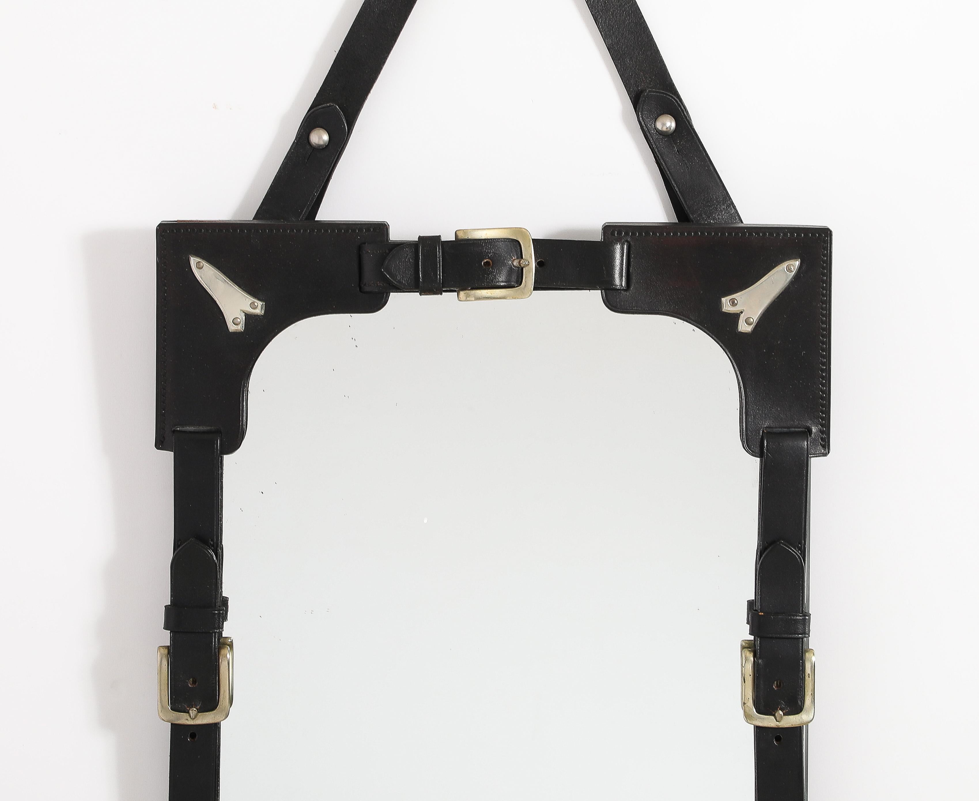 Hermes Style Saddle Theme Leather & Steel Accents Mirror - France 1970's For Sale 2
