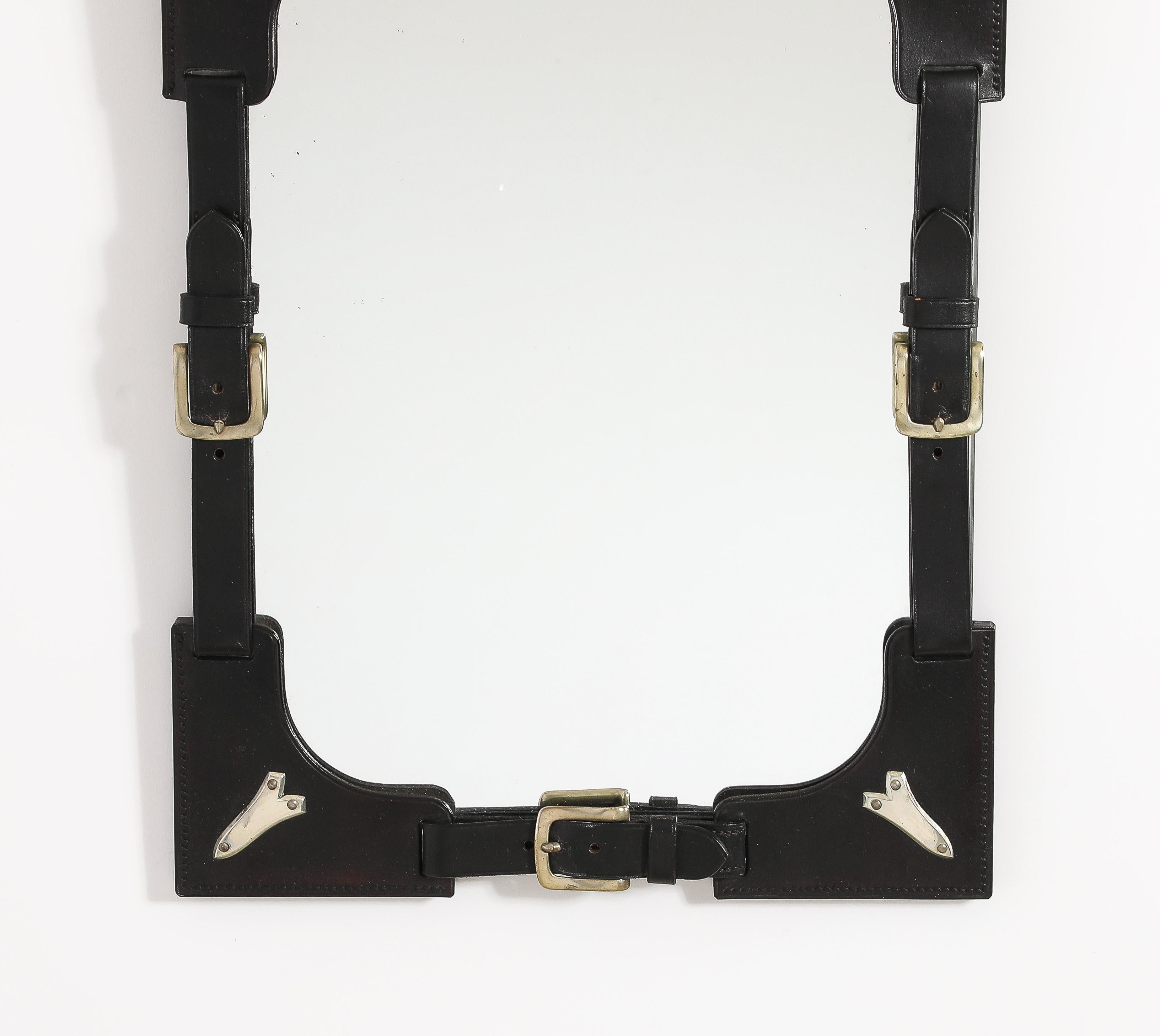 Hermes Style Saddle Theme Leather & Steel Accents Mirror - France 1970's For Sale 3