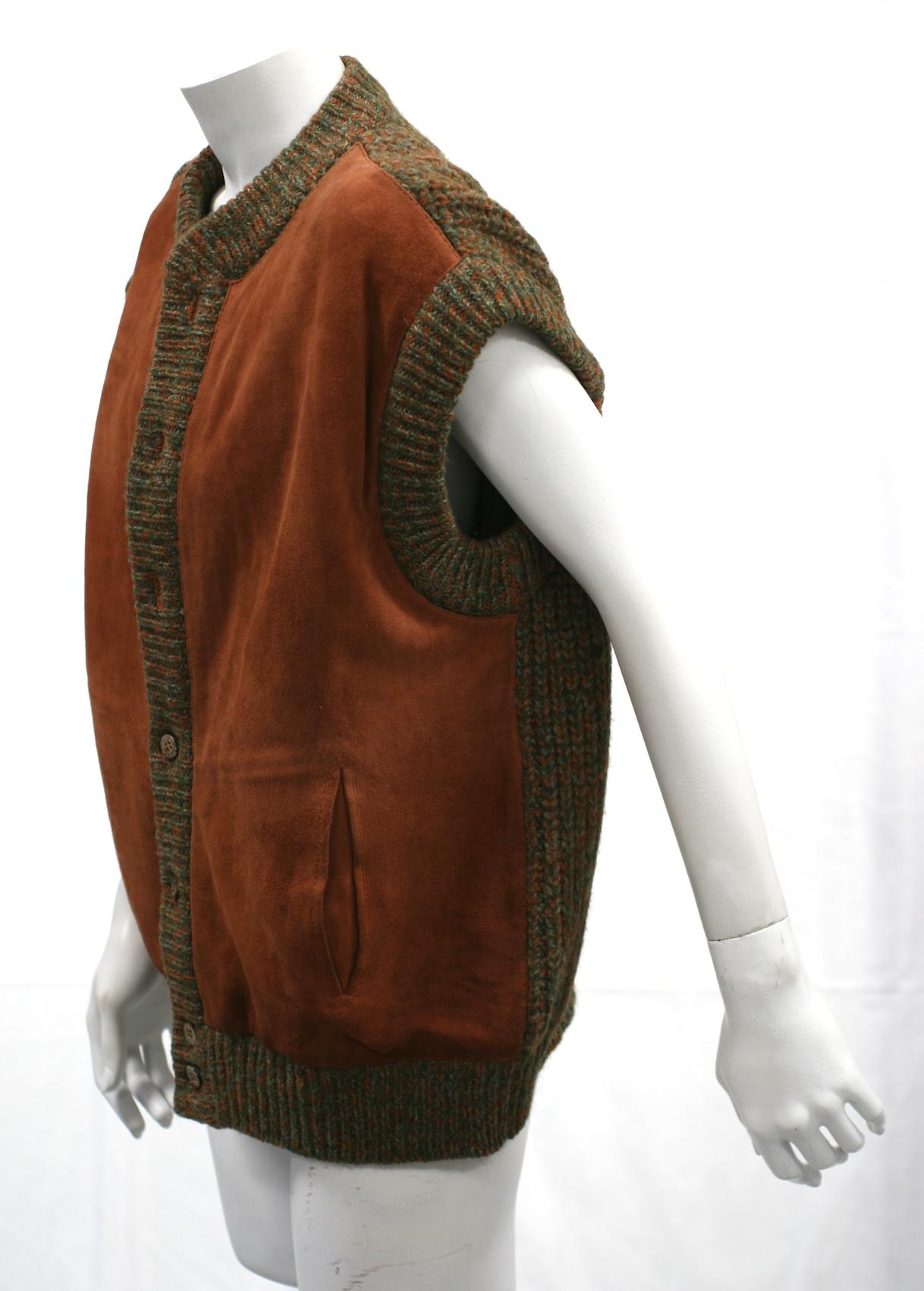 Hermes Rust Suede and Heather Ribbed Knit Vest suitable for men or women. Easy slash pockets with button front.
length 25