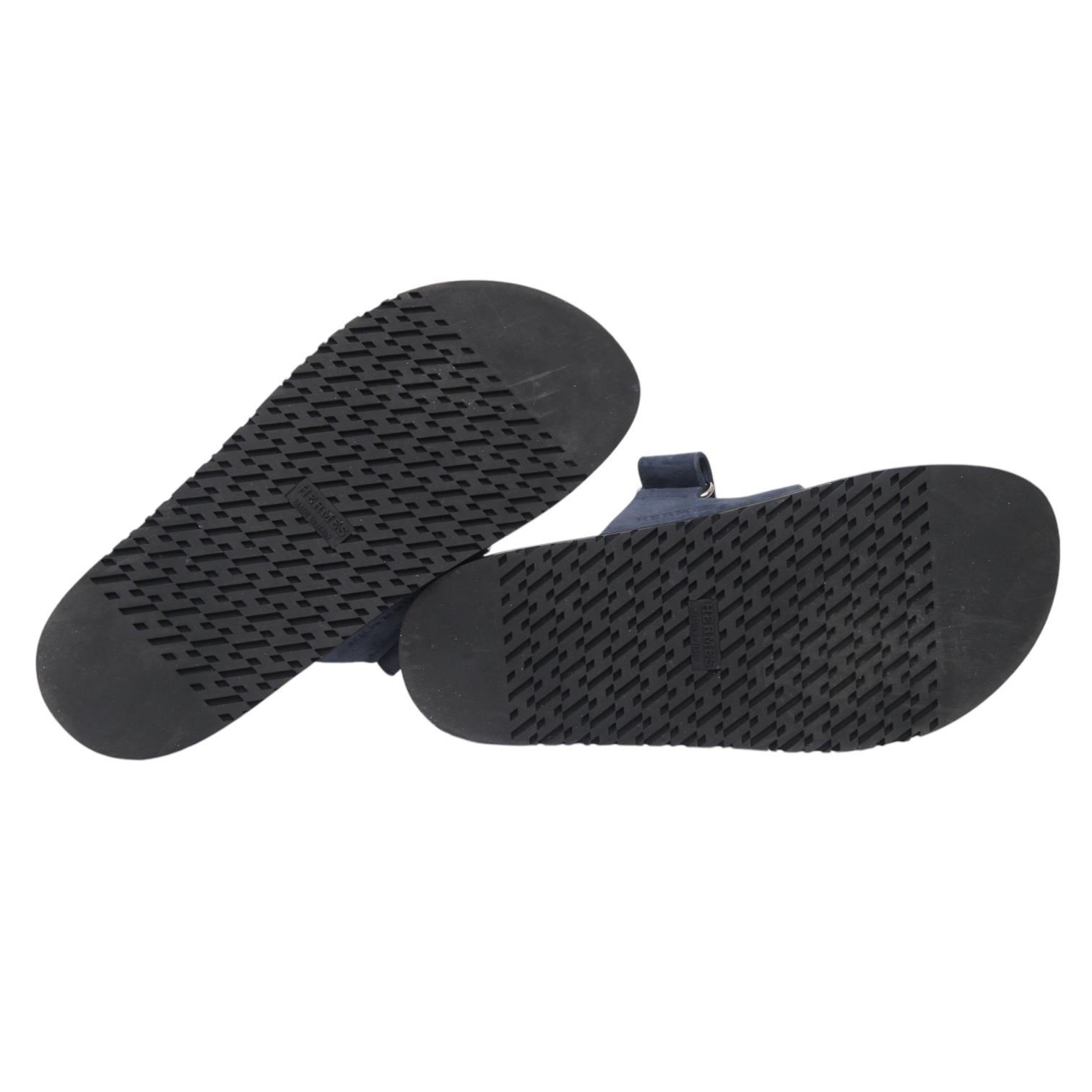 HERMES Suede Chypre Sandals BLEU CELESTE Navy Blue Leather Slides H Goatskin 38 5