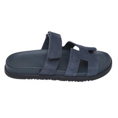 HERMES Suede Chypre Sandals BLEU CELESTE Navy Blue Leather Slides H Goatskin 38