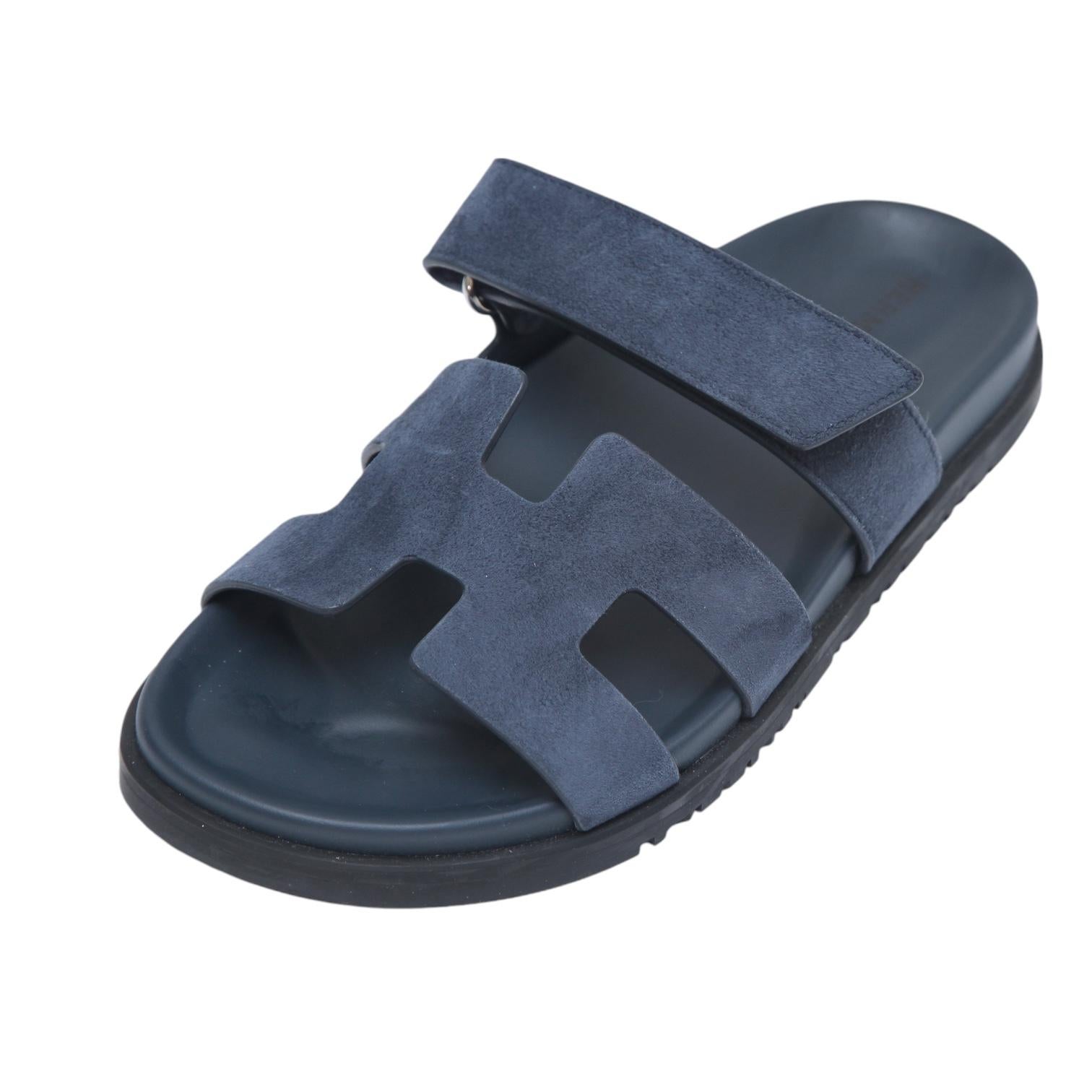 Black HERMES Suede Chypre Sandals BLEU CELESTE Navy Blue Leather Slides H Goatskin 38