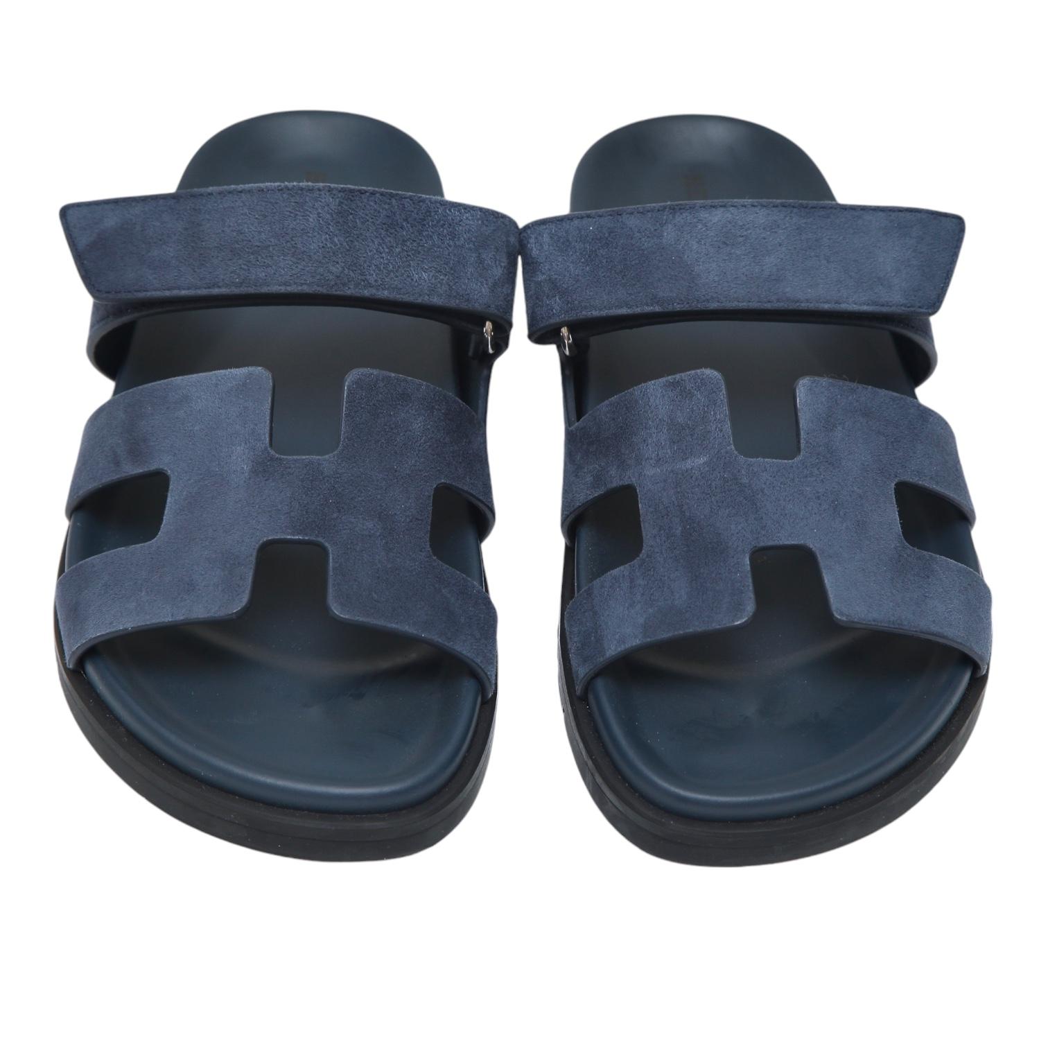 Women's HERMES Suede Chypre Sandals BLEU CELESTE Navy Blue Leather Slides H Goatskin 38