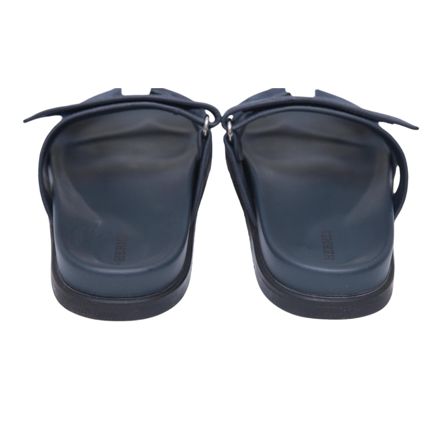 HERMES Suede Chypre Sandals BLEU CELESTE Navy Blue Leather Slides H Goatskin 38 1