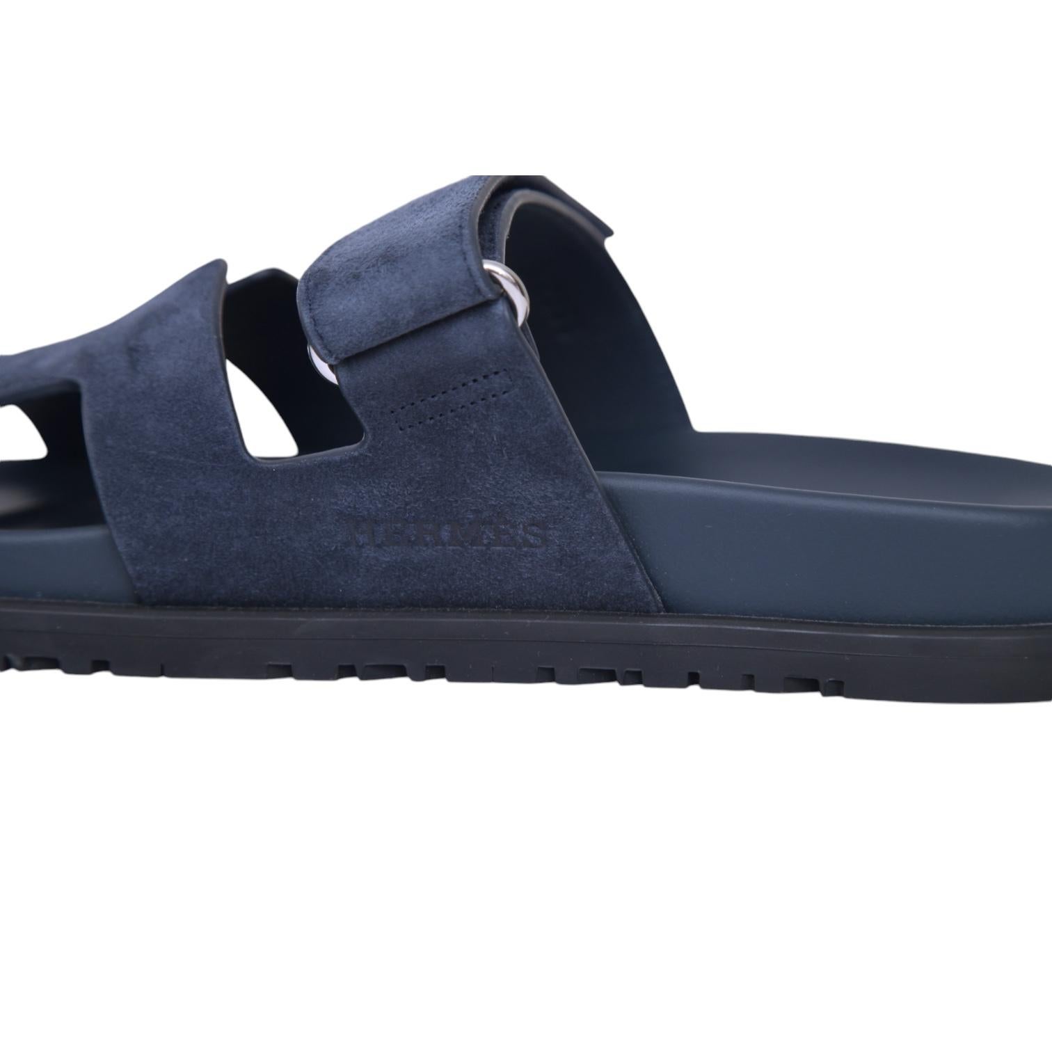 HERMES Suede Chypre Sandals BLEU CELESTE Navy Blue Leather Slides H Goatskin 38 2