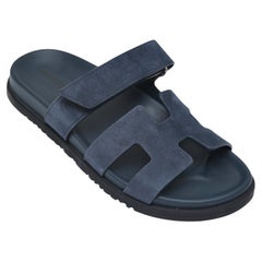 HERMES Suede Chypre Sandals BLEU CELESTE Navy Blue Leather Slides H Goatskin 38