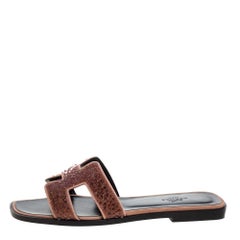 Hermes Suede Leather Pearl Embellished Oran Flat Slides Size 37