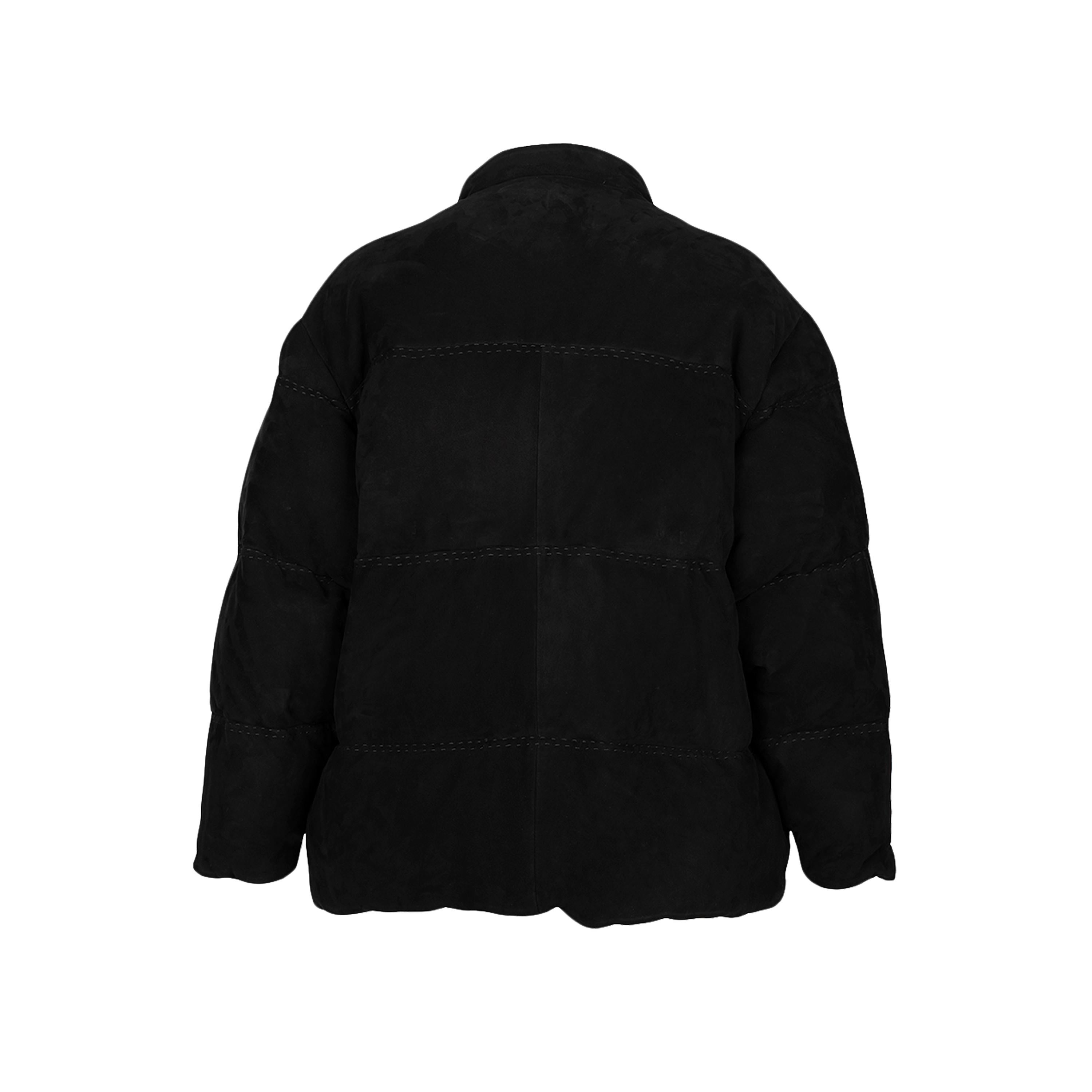 Hermès black suede puffer coat embellished with printed lining, long sleeve, button fastening, band quilting.
