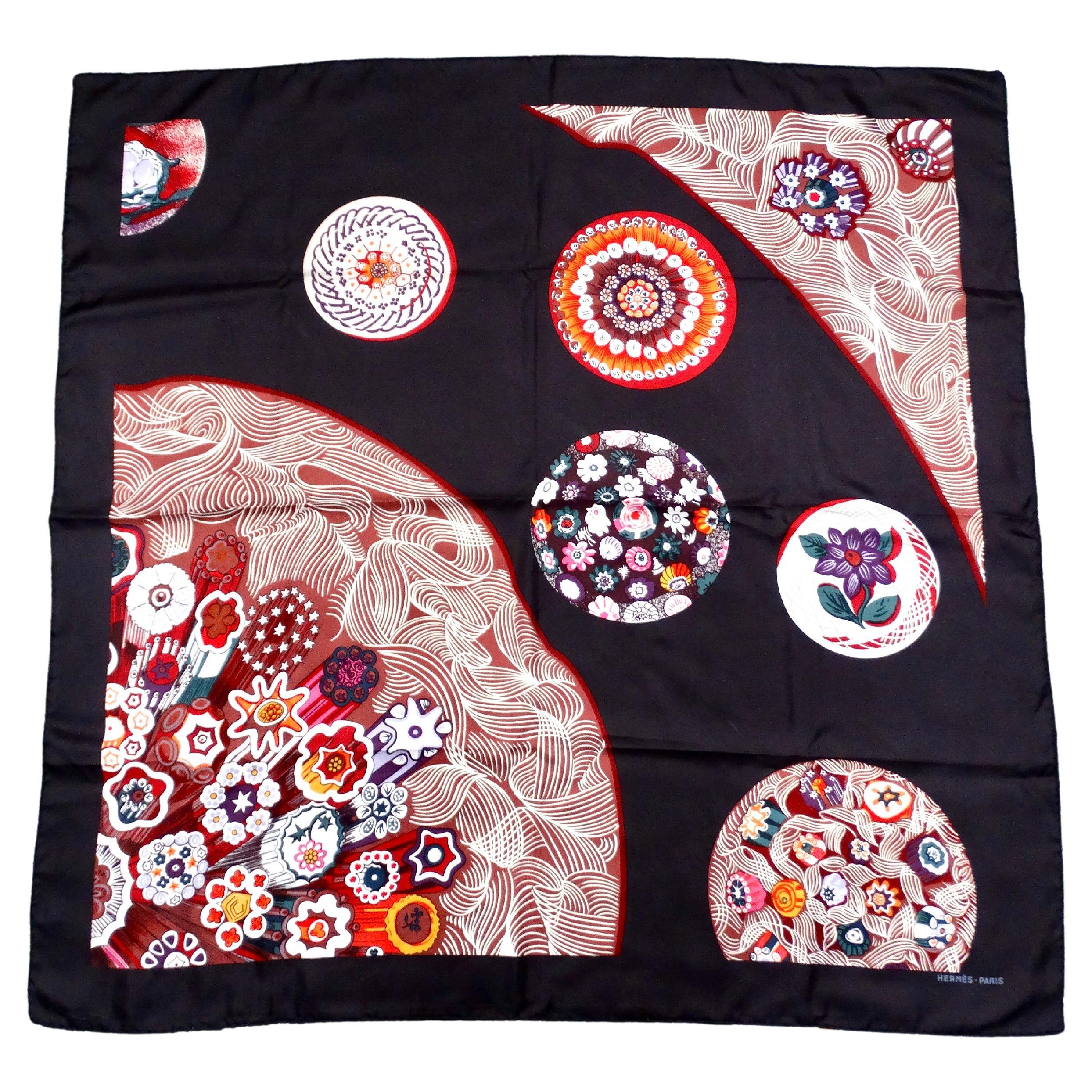 Hermes "Sulfure et Presse Papiers" 90 cm Black Silk Printed Scarf For Sale
