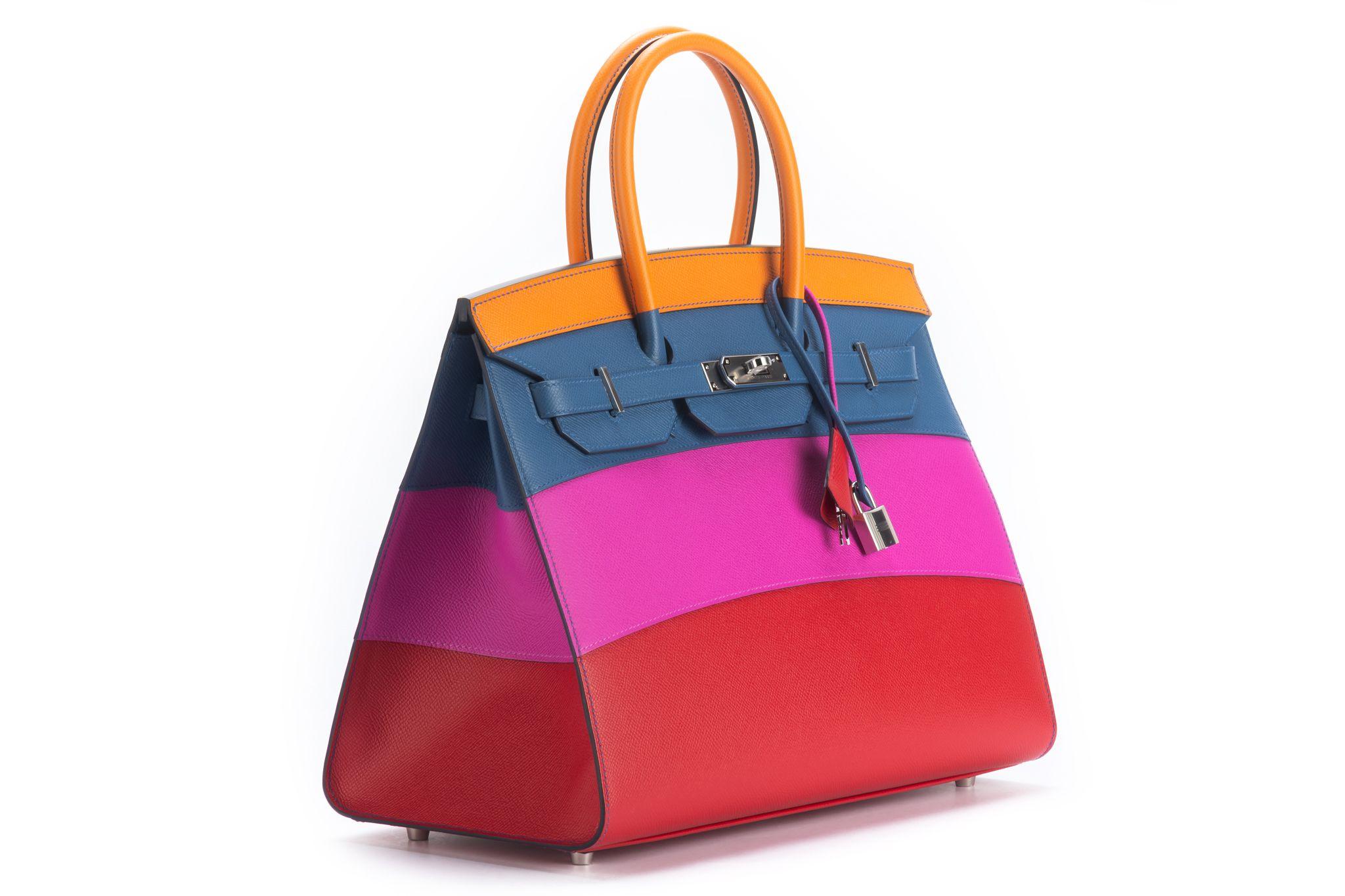 BNIB Hermes 35 Birkin Sellier bag featured in Sunset Rainbow limited edition. The applique-stitch technique gives the effect of a rainbow casting the warm glow of sunset hues. Abricot, Blue Agate, Magnolia and Rouge Casaque. Epsom leather and