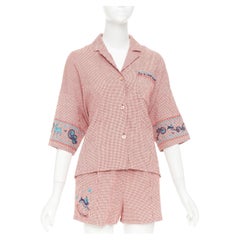 HERMES Sur La Pouce red gingham embroidered pajama shirt shorts set FR34 XS
