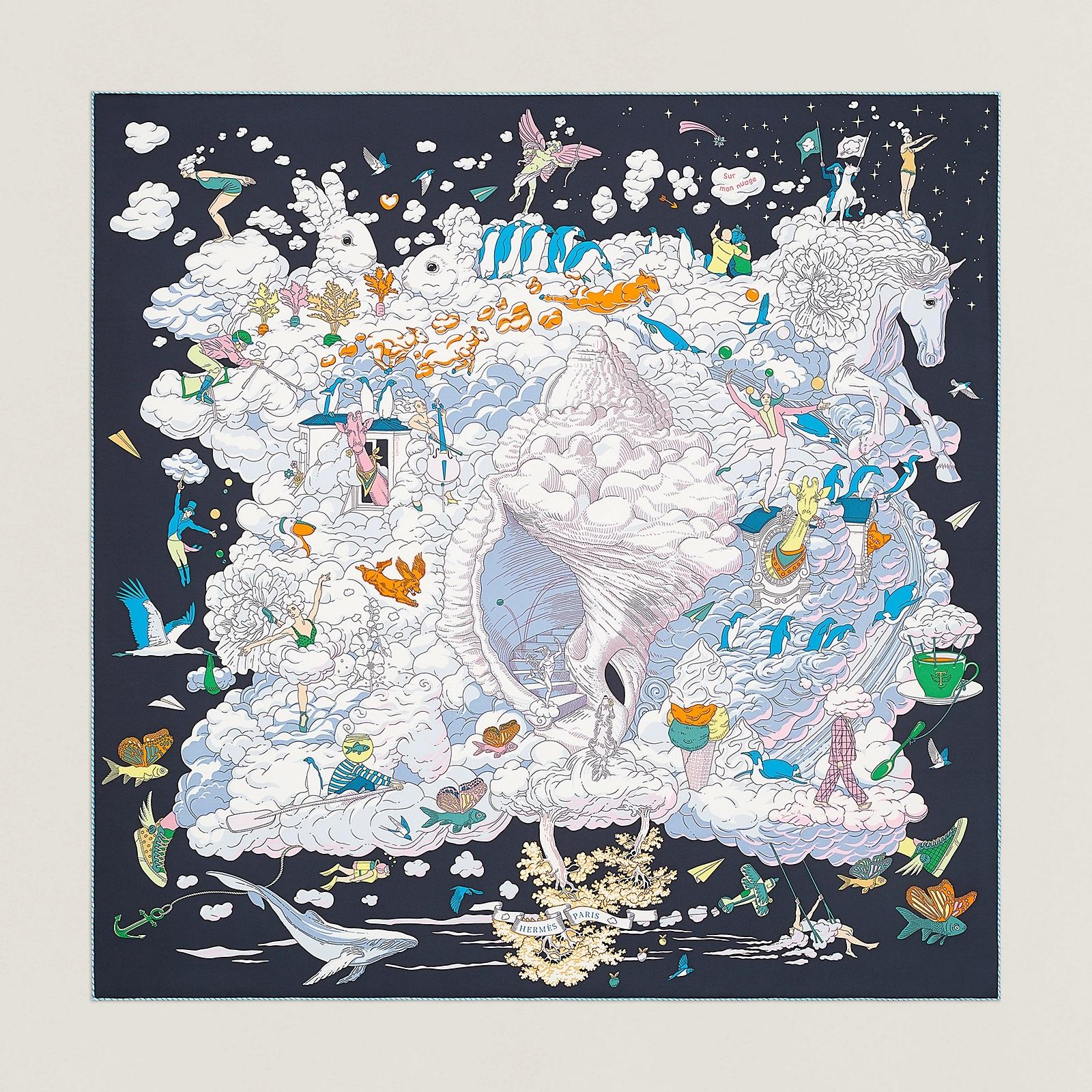 Women's or Men's Hermes Sur Mon Nuage scarf 90 Bleu Noir / Mauve / Multicolore Silk