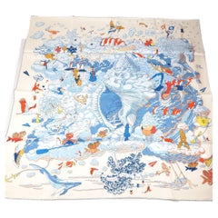 Hermes Sur Mon Nuage Scarf 90 Crème / Bleu Clair / Multicolore Silk