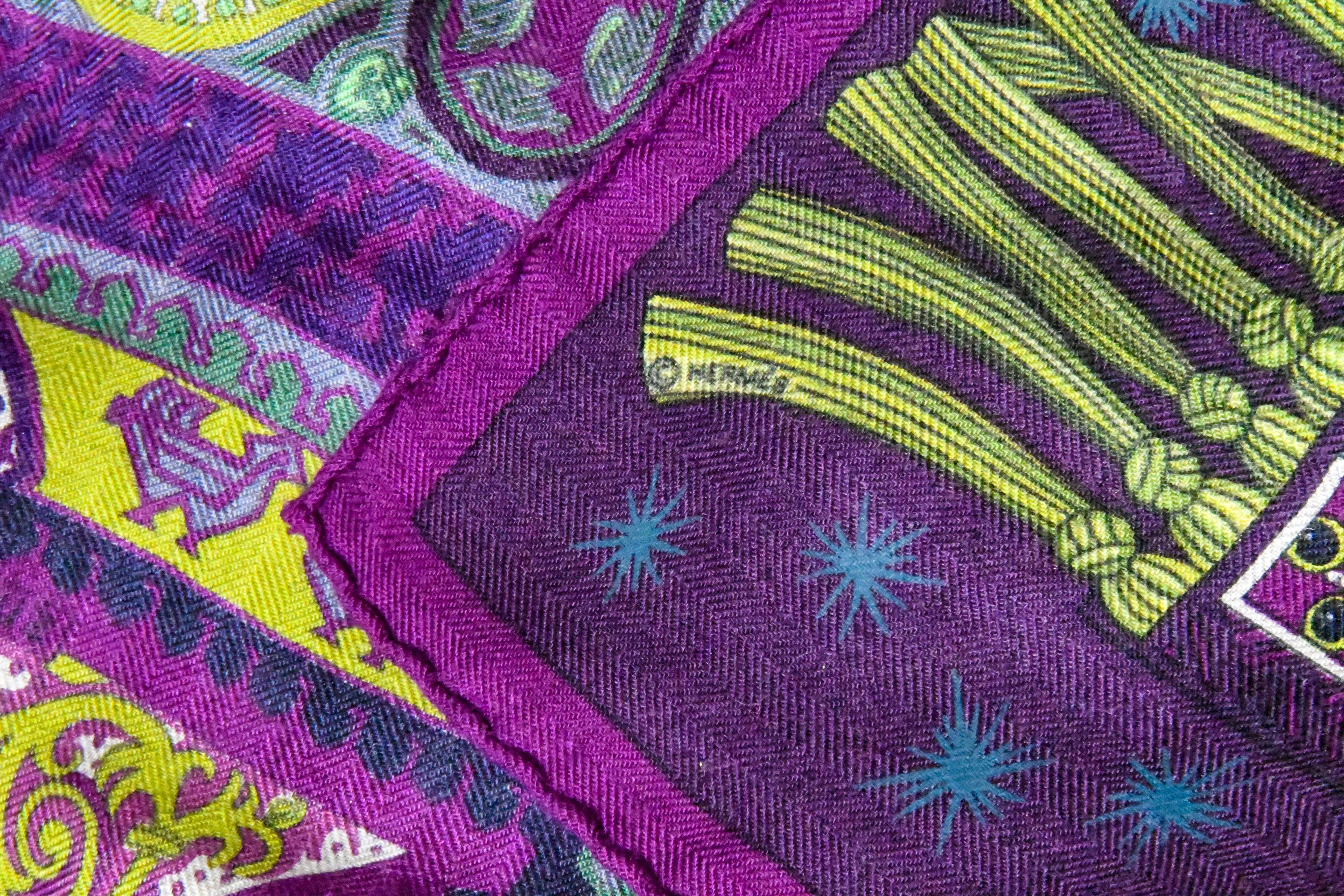 Hermes Sur Un Tapis Volant Purple, Blue & Green Cashmere & Silk  Scarf In Excellent Condition For Sale In Palm Beach, FL