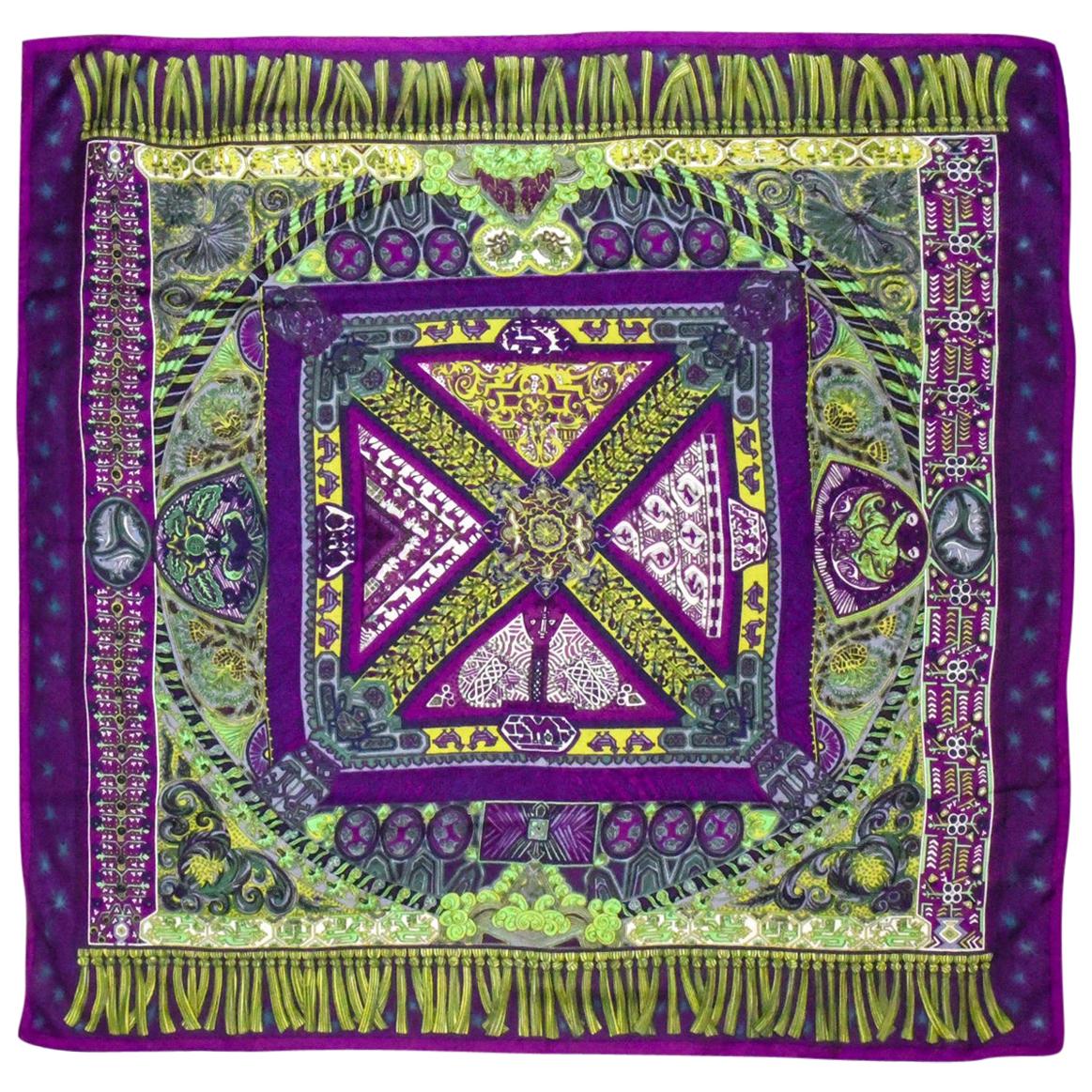 Hermes Sur Un Tapis Volant Purple, Blue & Green Cashmere & Silk  Scarf For Sale