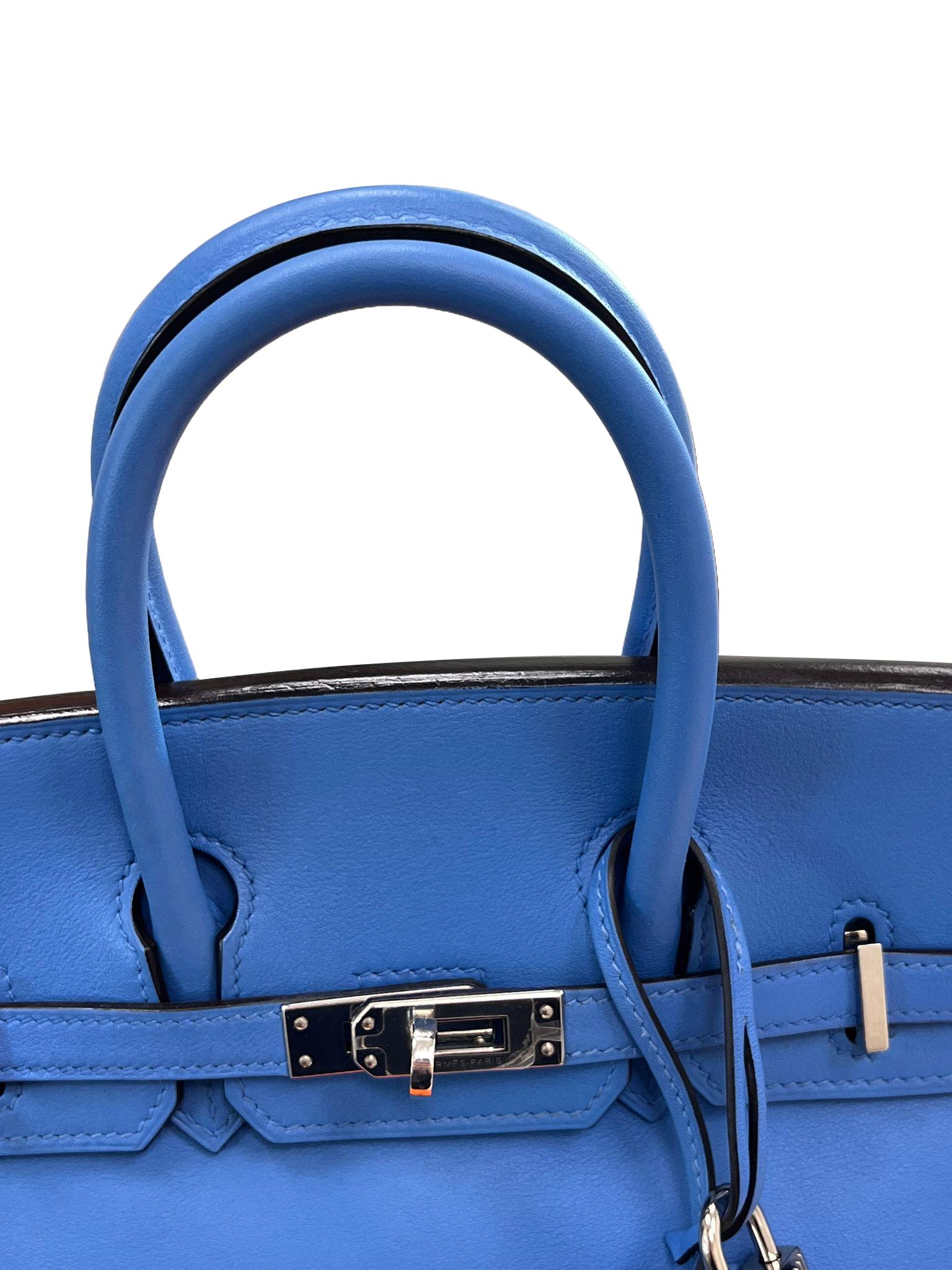 Hermes Swift Birkin 25 Bleu Paradis Calfskin Leather Palladium Hardware Handbag For Sale 5