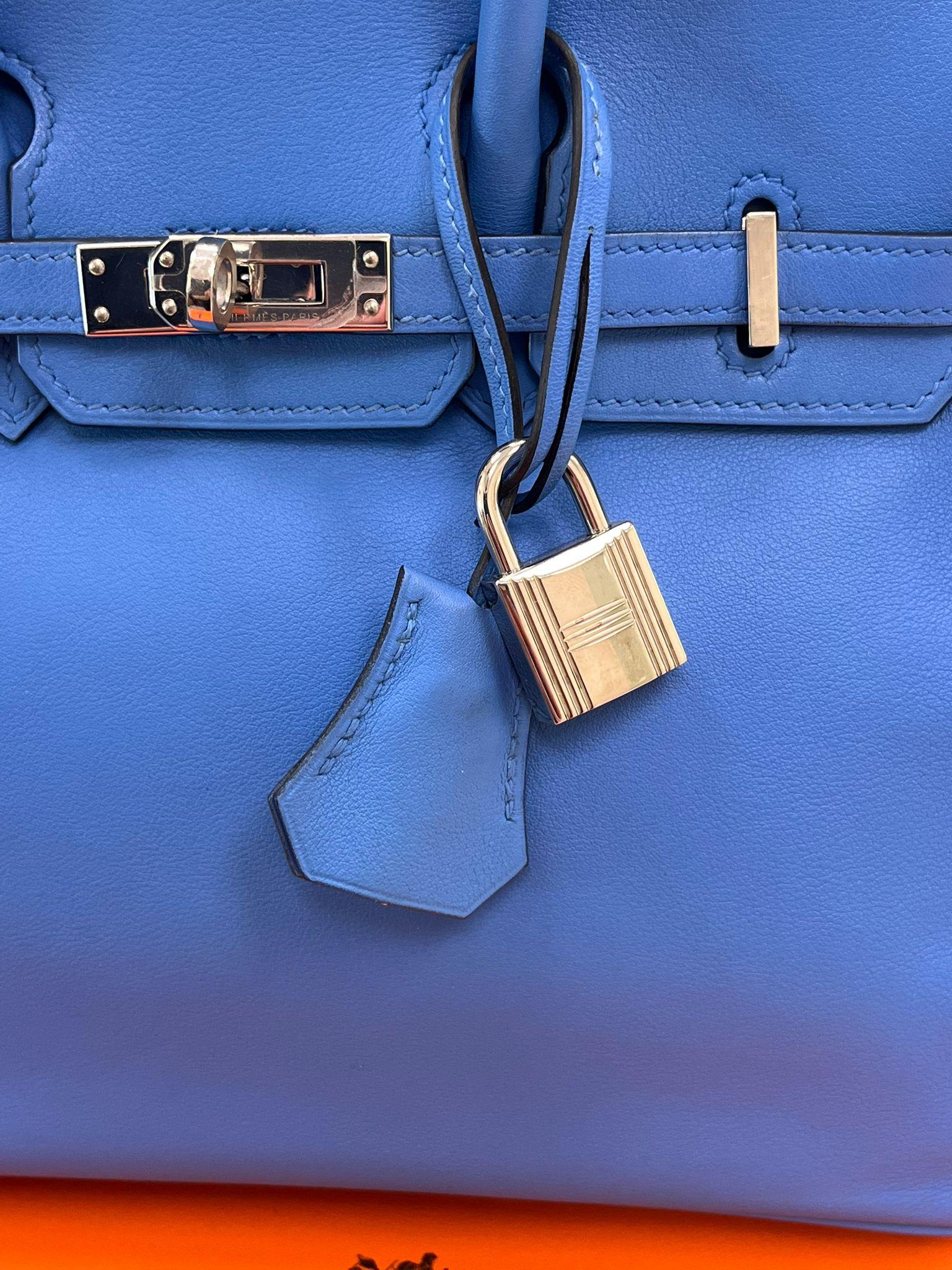 Hermes Swift Birkin 25 Bleu Paradis Calfskin Leather Palladium Hardware Handbag For Sale 7