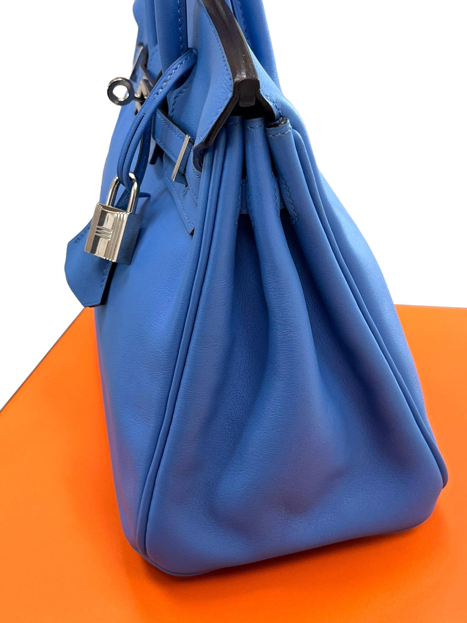 Hermes Swift Birkin 25 Bleu Paradis Calfskin Leather Palladium Hardware Handbag For Sale 8