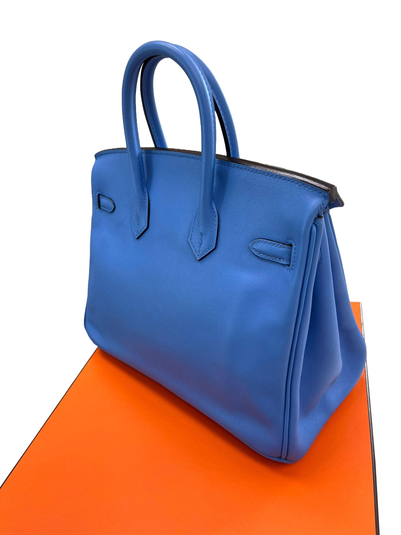 Hermes Swift Birkin 25 Bleu Paradis Calfskin Leather Palladium Hardware Handbag For Sale 10