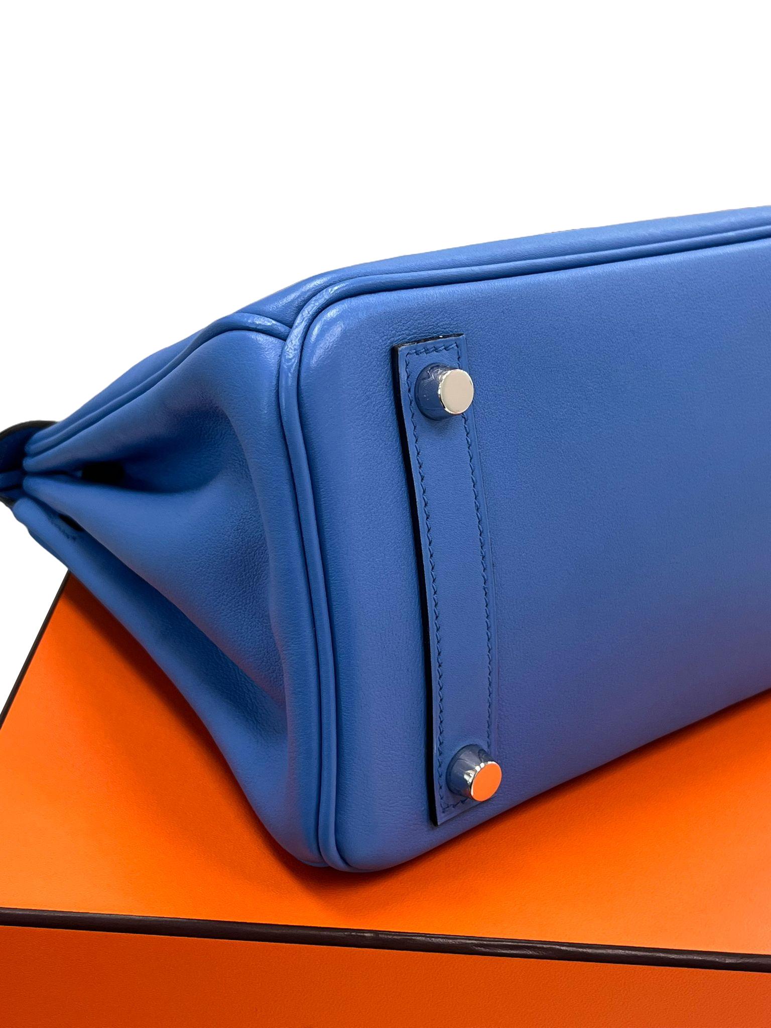 Hermes Swift Birkin 25 Bleu Paradis Calfskin Leather Palladium Hardware Handbag For Sale 11