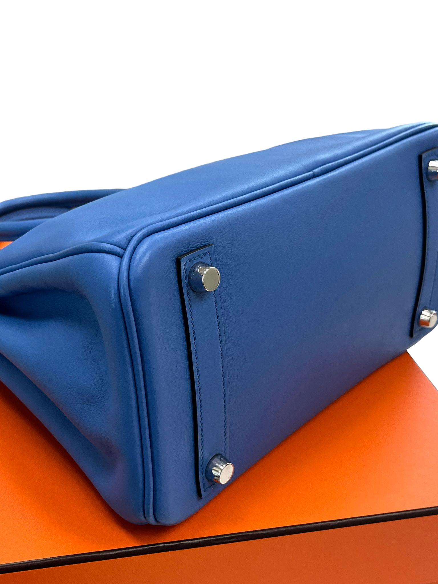 Hermes Swift Birkin 25 Bleu Paradis Calfskin Leather Palladium Hardware Handbag For Sale 12