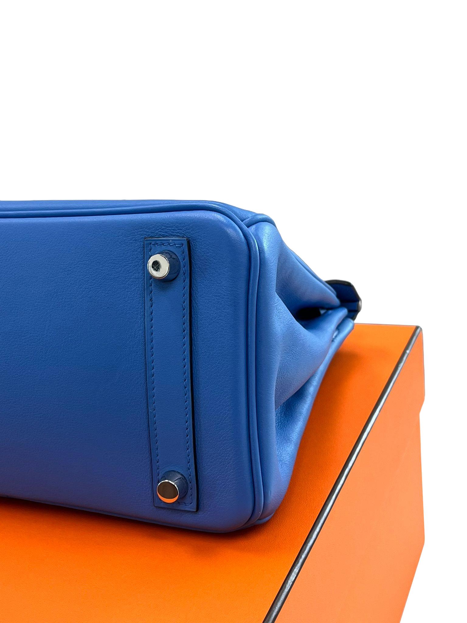 Hermes Swift Birkin 25 Bleu Paradis Calfskin Leather Palladium Hardware Handbag For Sale 13