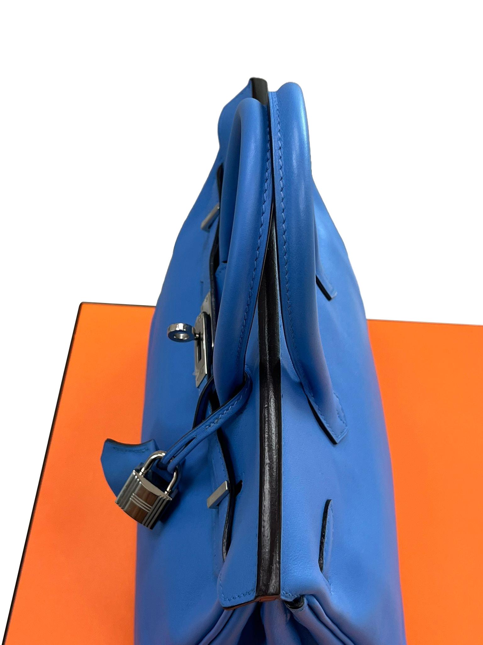 Hermes Swift Birkin 25 Bleu Paradis Calfskin Leather Palladium Hardware Handbag For Sale 14
