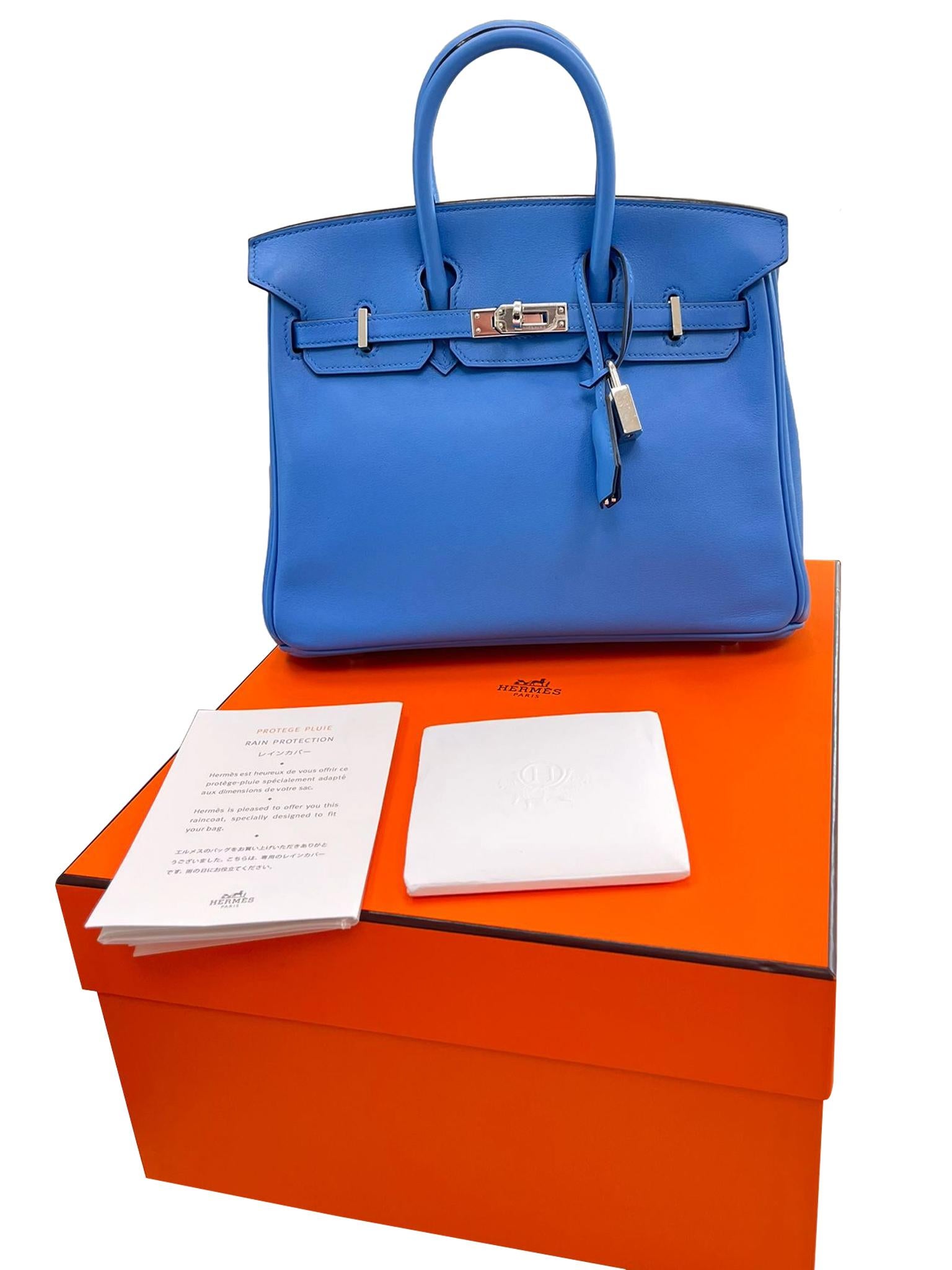 Hermes Swift Birkin 25 Bleu Paradis Calfskin Leather Palladium Hardware Handbag For Sale 2