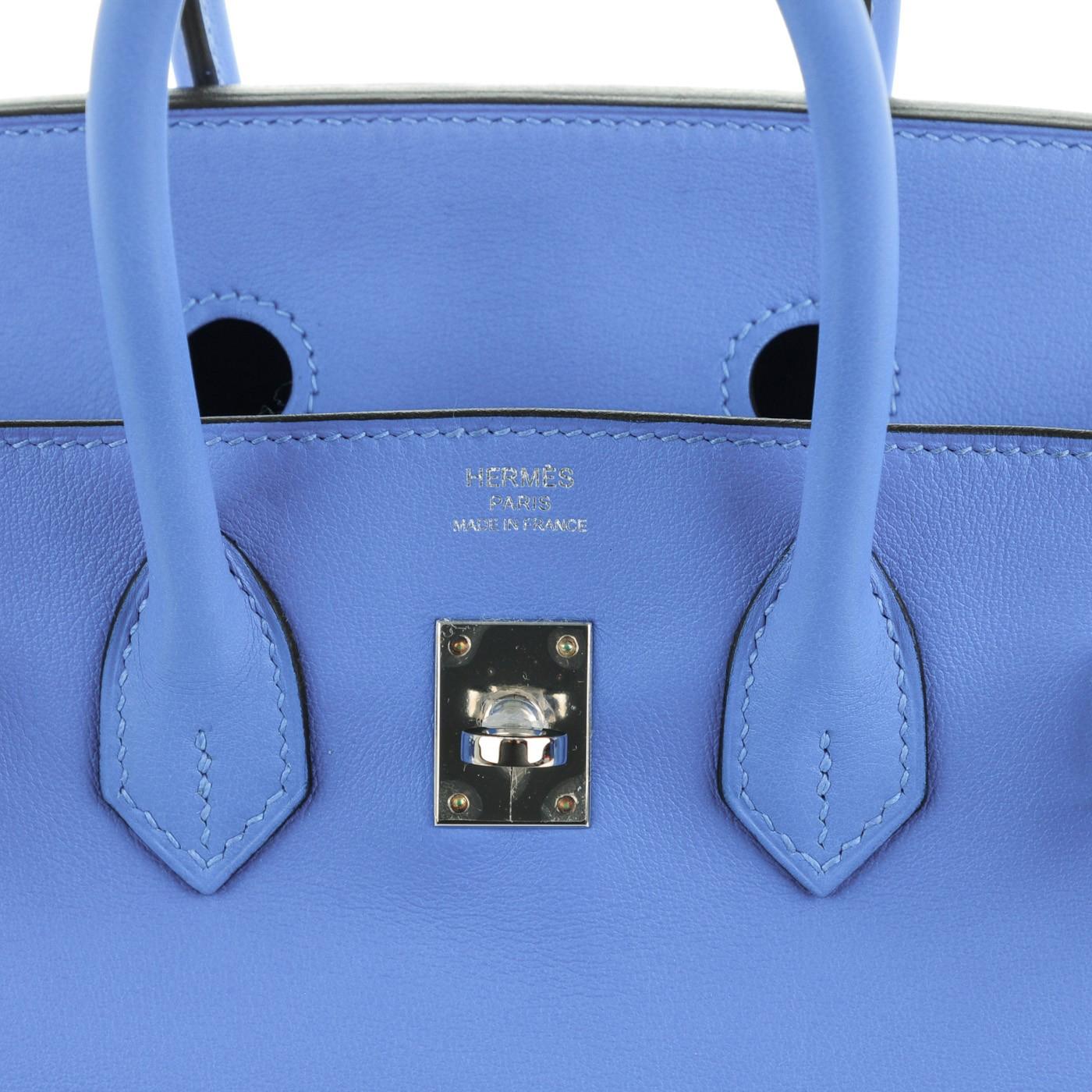 Hermes Swift Birkin 25 Bleu Paradis Calfskin Leather Palladium Hardware Handbag In Excellent Condition For Sale In Aventura, FL