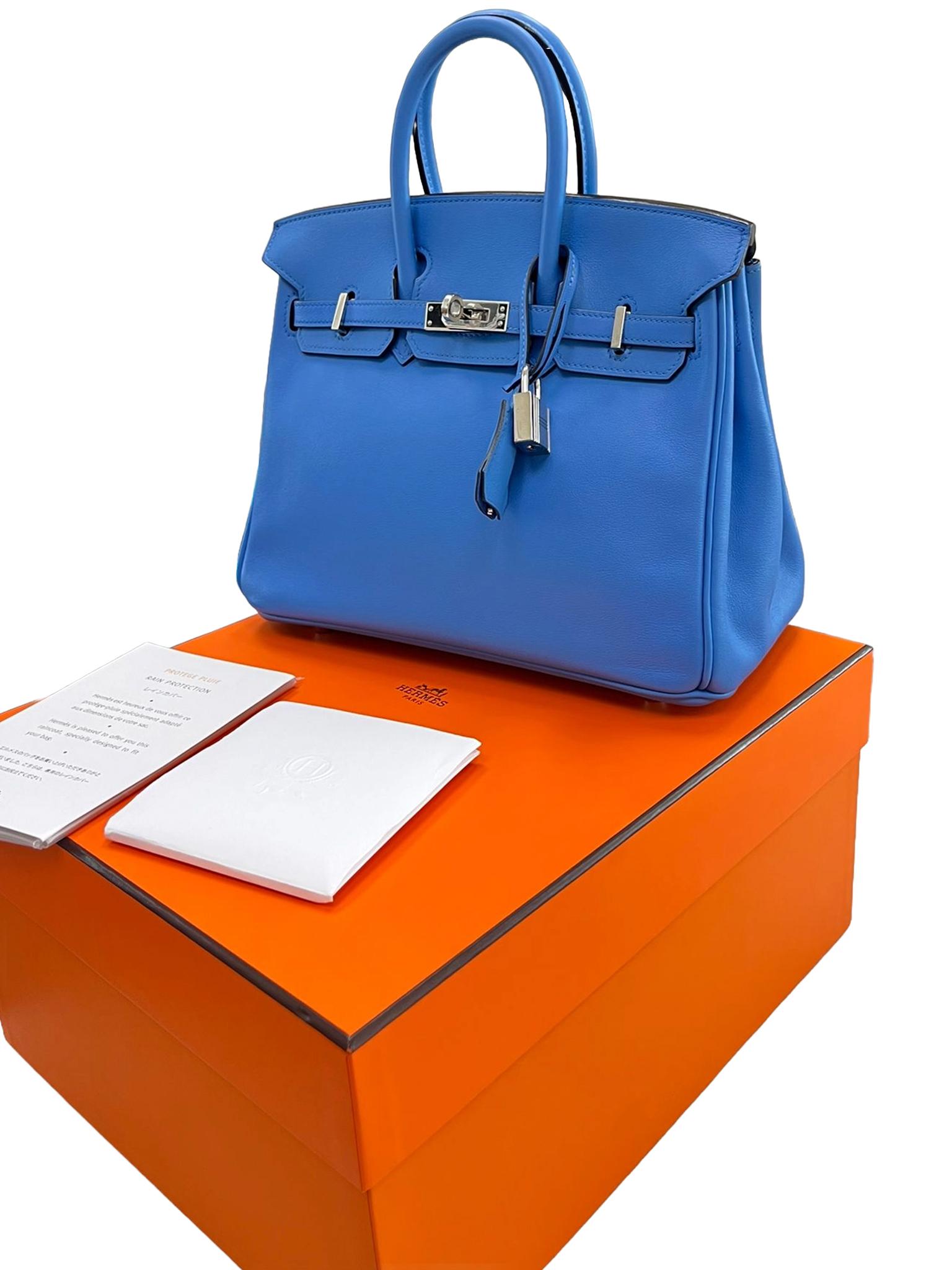 Hermes Swift Birkin 25 Bleu Paradis Calfskin Leather Palladium Hardware Handbag For Sale 3