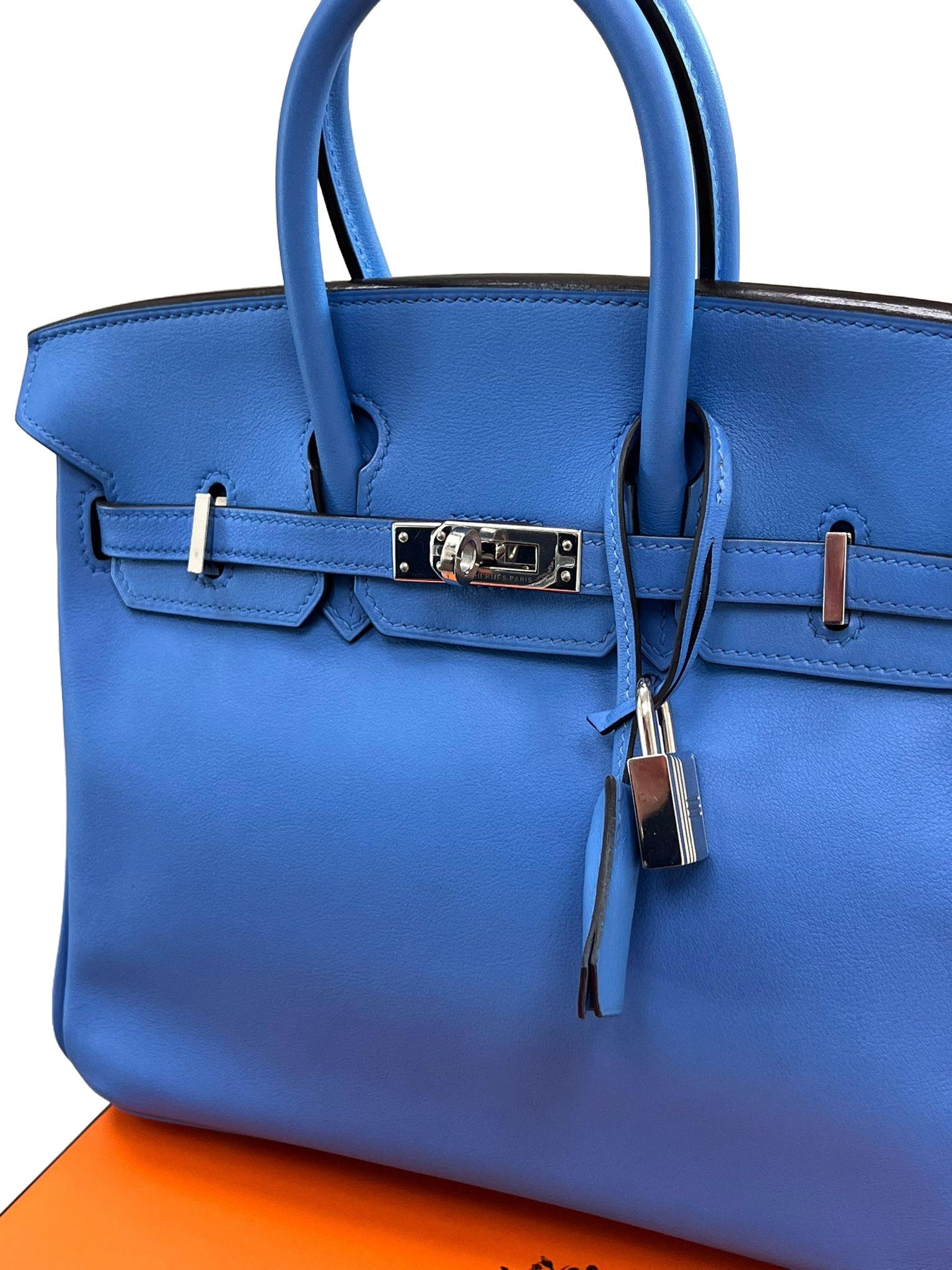 Hermes Swift Birkin 25 Bleu Paradis Calfskin Leather Palladium Hardware Handbag For Sale 4