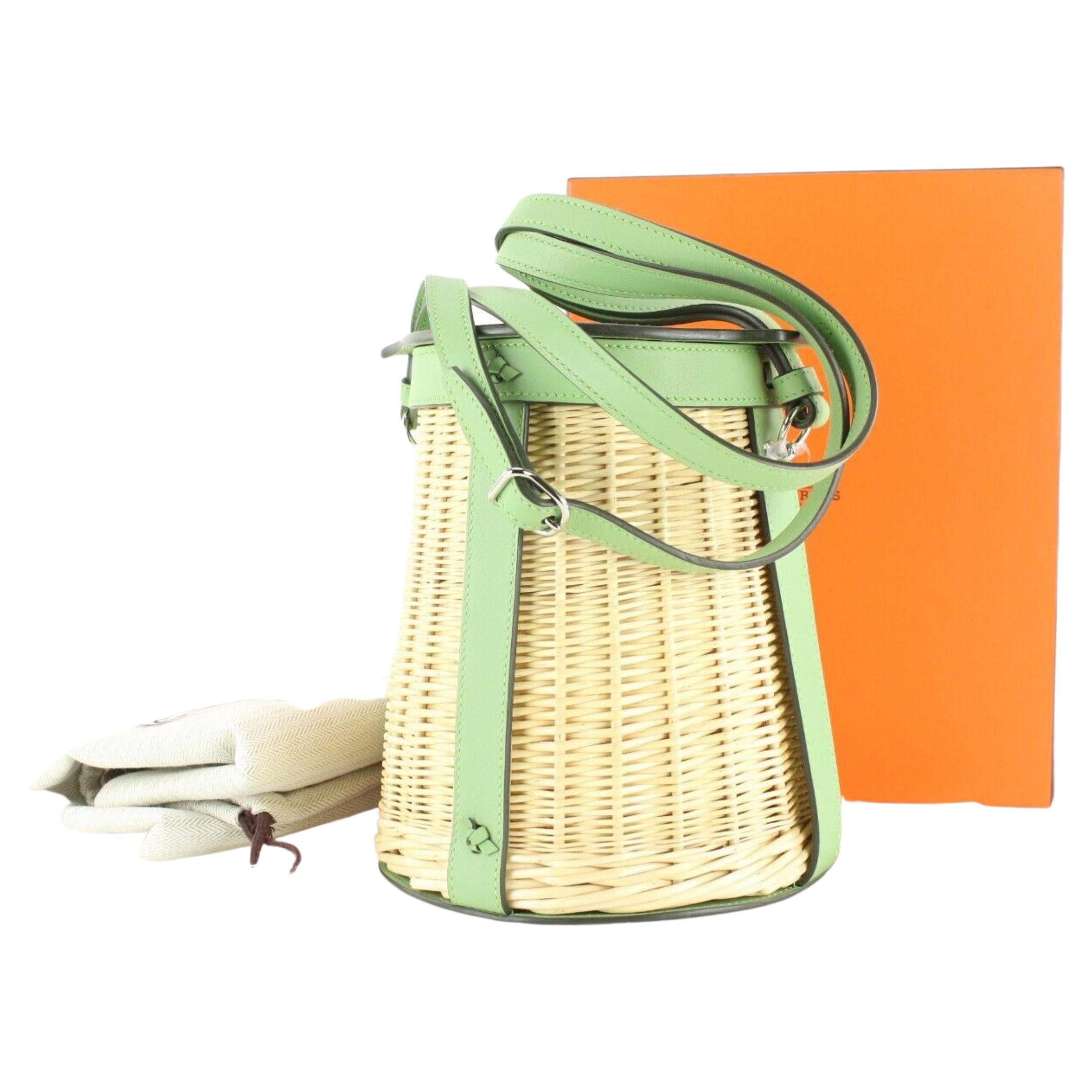 Hermes Swift Wicker Sac Farming Picnic Bag Naturel Vert Criquet 1H1118