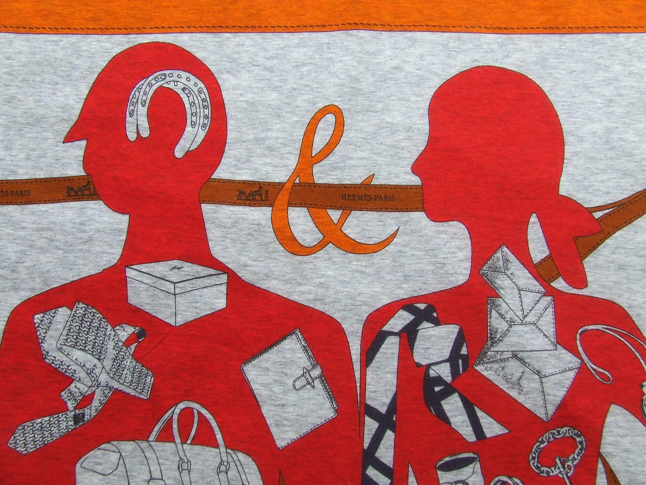 Gray Hermès T-Shirt Cotton Scarf Shawl Monsieur & Madame Grey Orange 110 cm For Sale