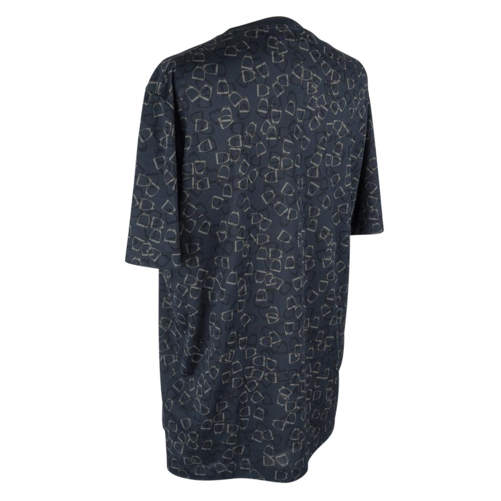 Black Hermes T-Shirt Men's Etriers Stirrup Print Bleu Nuit Cotton L nwt 